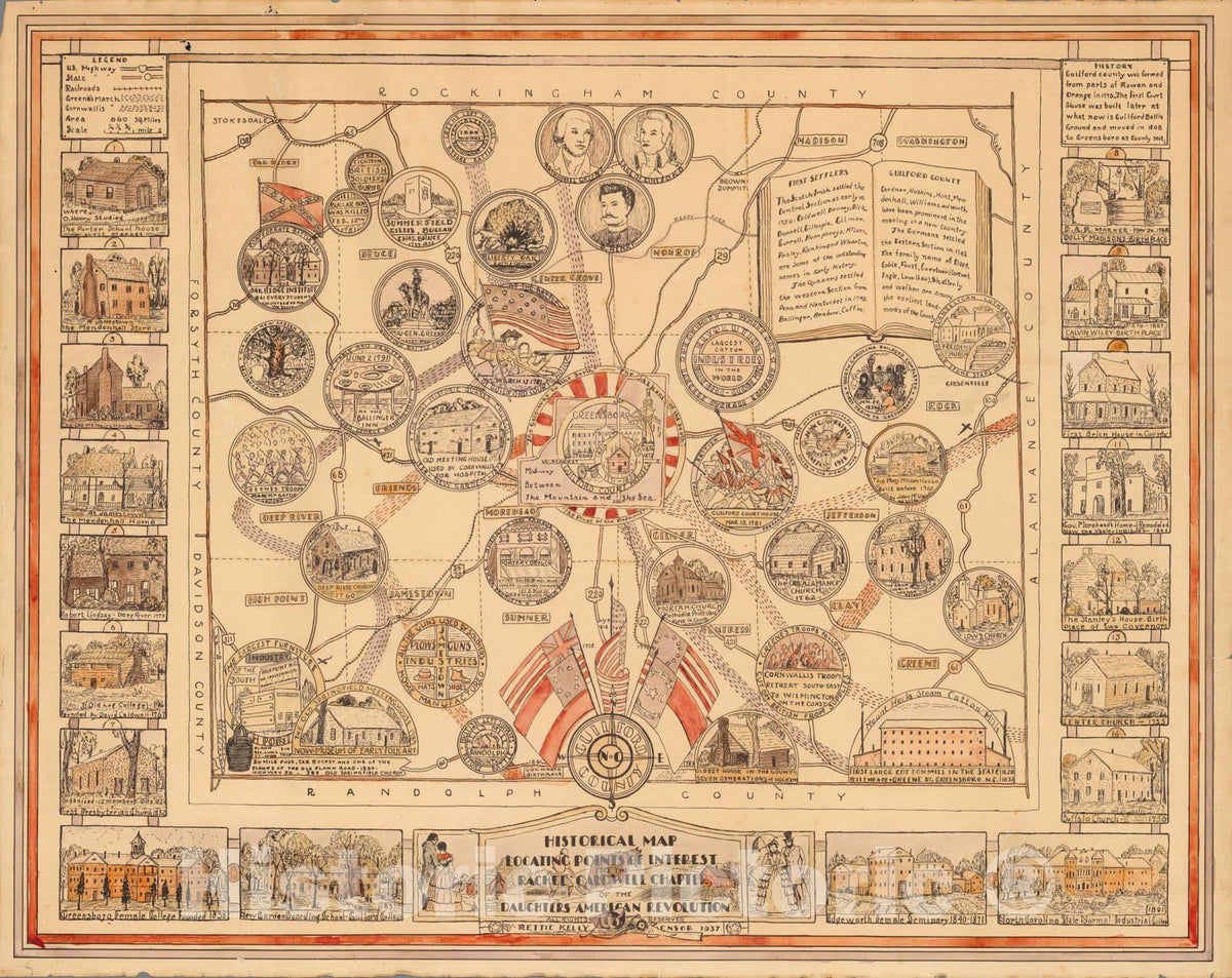 Historic Map : Guilford County, Historical Map Locating Points of Interest, 1937 - Vintage Wall Art