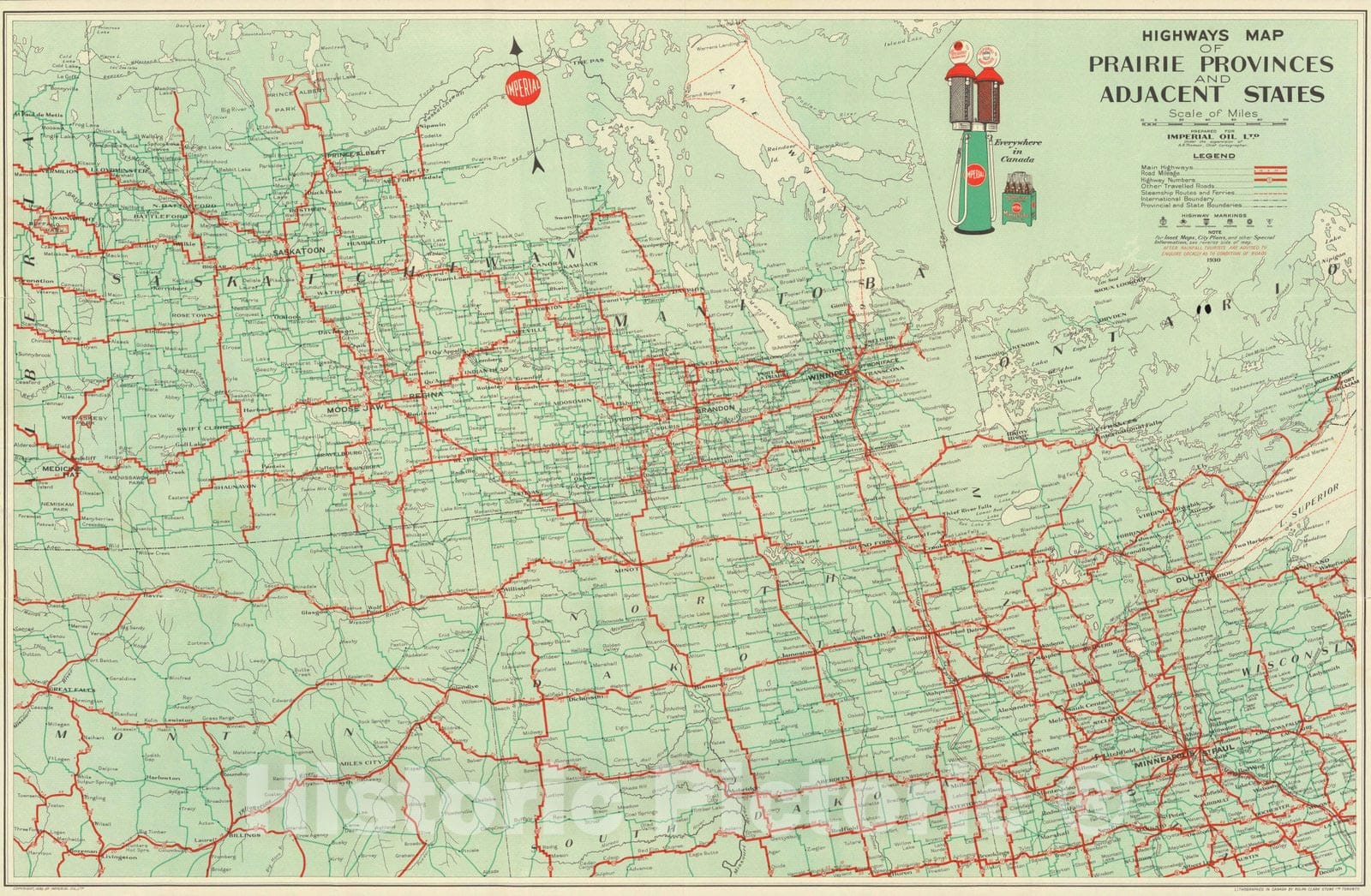 Historic Map : Highways Map of Prairie Provinces and Adjacent States, 1930 - Vintage Wall Art