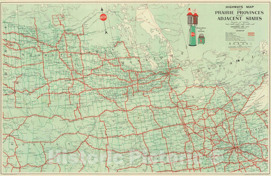 Historic Map : Highways Map of Prairie Provinces and Adjacent States, 1930 - Vintage Wall Art