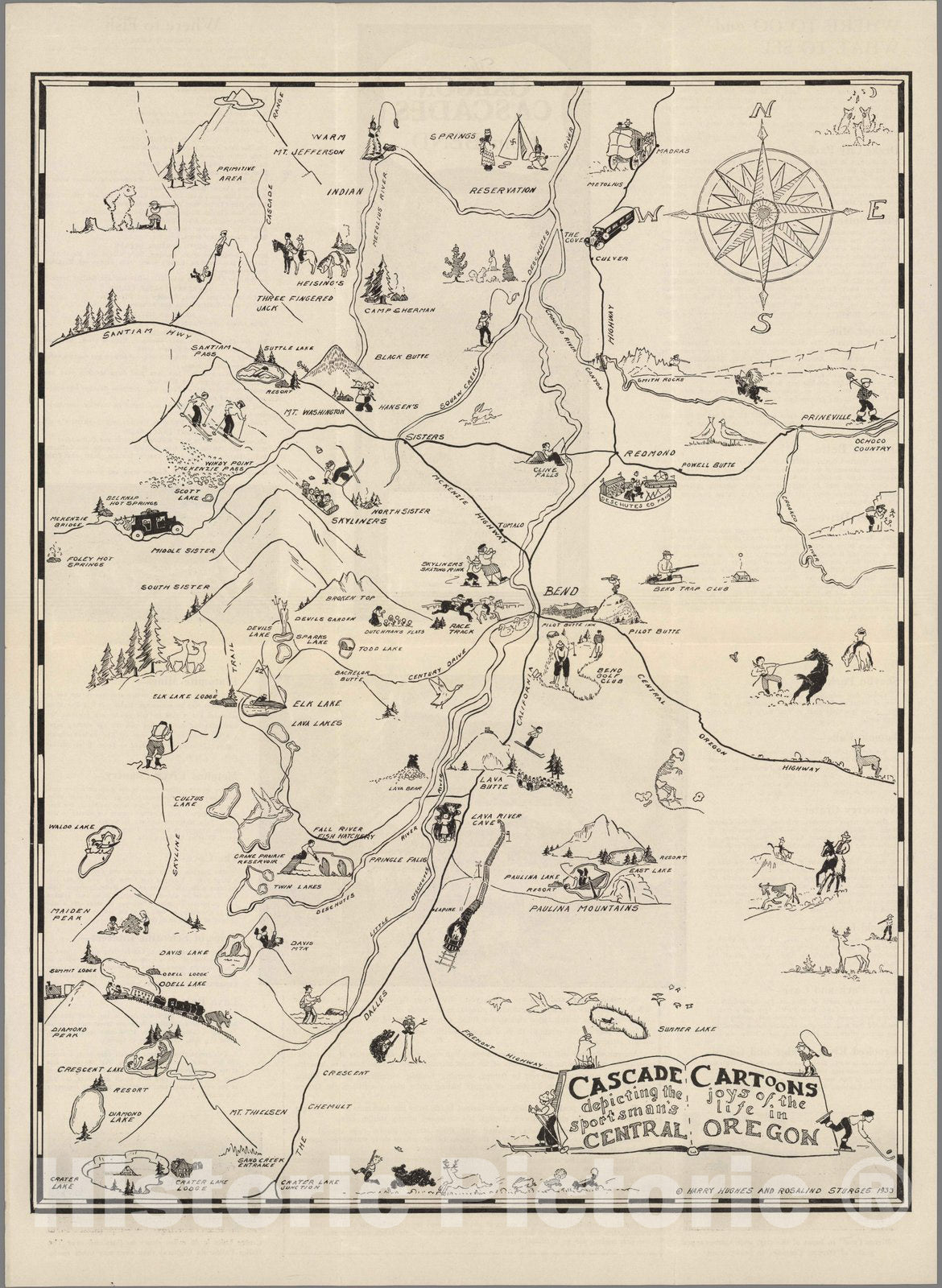 Historic Map : Pocket Map, Cascade cartoons depicting the joys of the sportsman's life in Central Oregon 1933 - Vintage Wall Art
