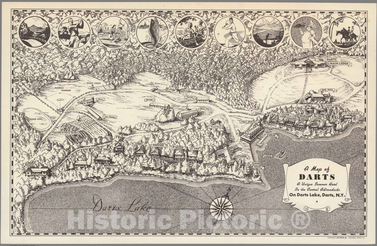 Darts Lake - Pictorial Map, 1950 - Adirondacks Historical Map Print