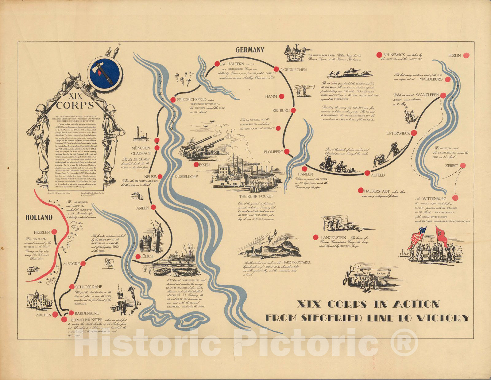 Historic Map : XIX Corps in action from Siegfried Line to victory 1945 - Vintage Wall Art