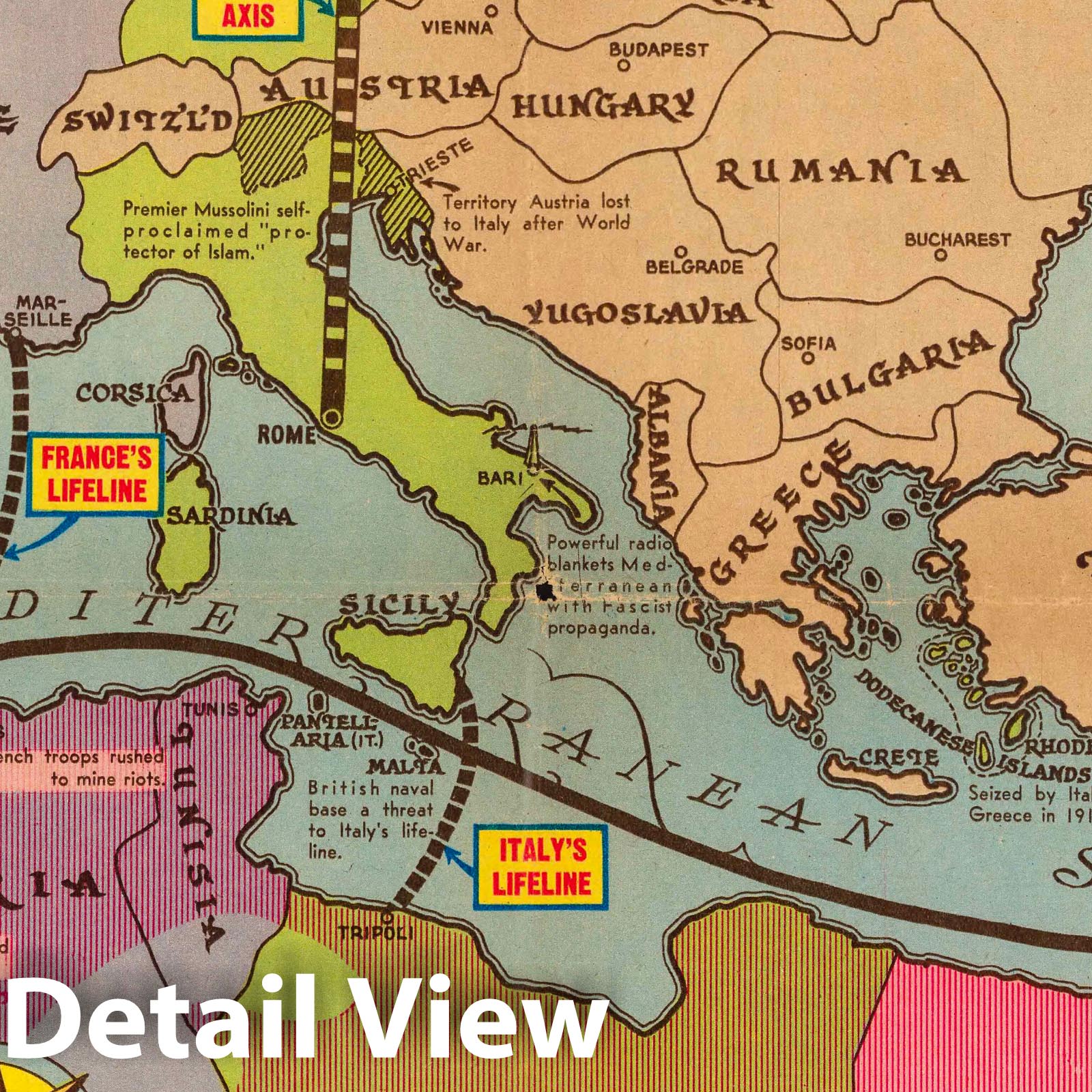 Mediterranean Region - Pictorial Map, 1936 - Historical Map Print