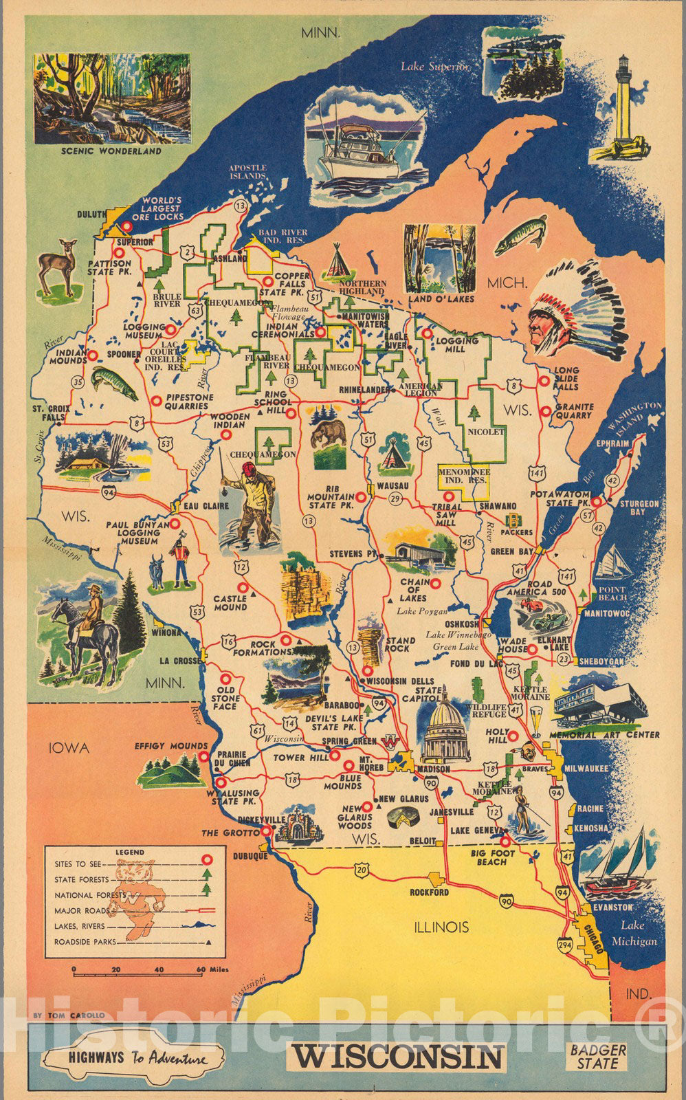 Wisconsin - Pictorial Map, 1964 - Historical Map Reproduction