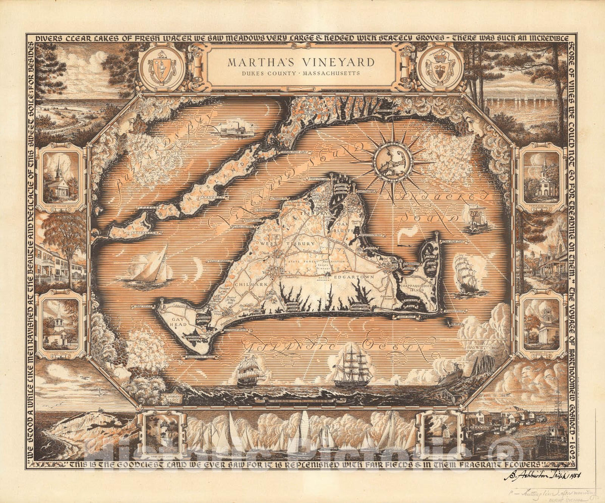 Martha's Vineyard, Massachusetts - Pictorial Map, 1954 - Historical Map Print