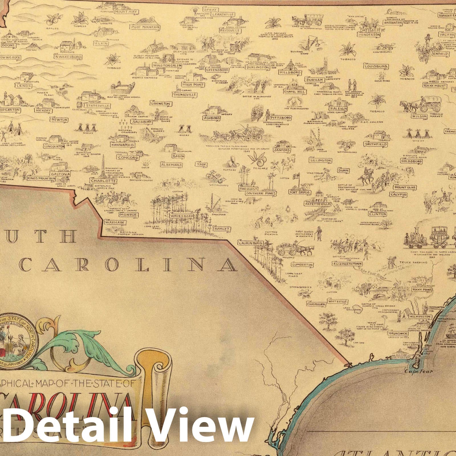 North Carolina - Pictorial Map, 1934 - Historical Map Print