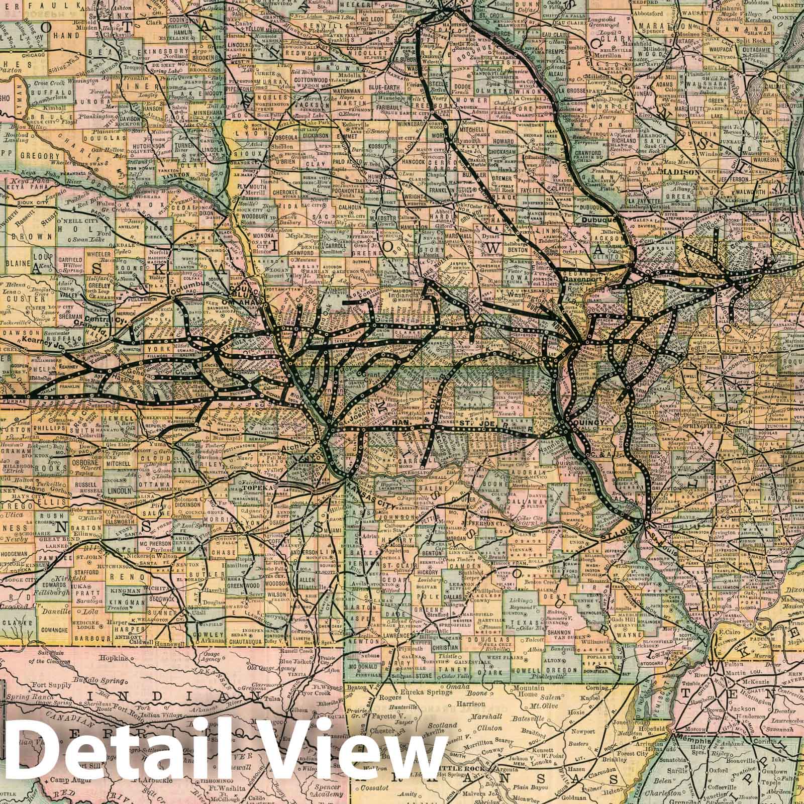 Burlington Route - Railroad Map, 1885 - Historical Print