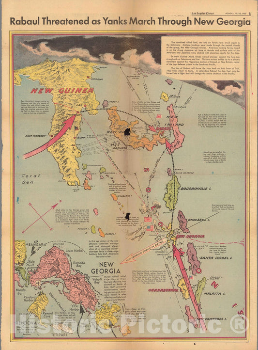 Historic Map : Rabaul threatened as Yanks March through New Georgia 1943 - Vintage Wall Art