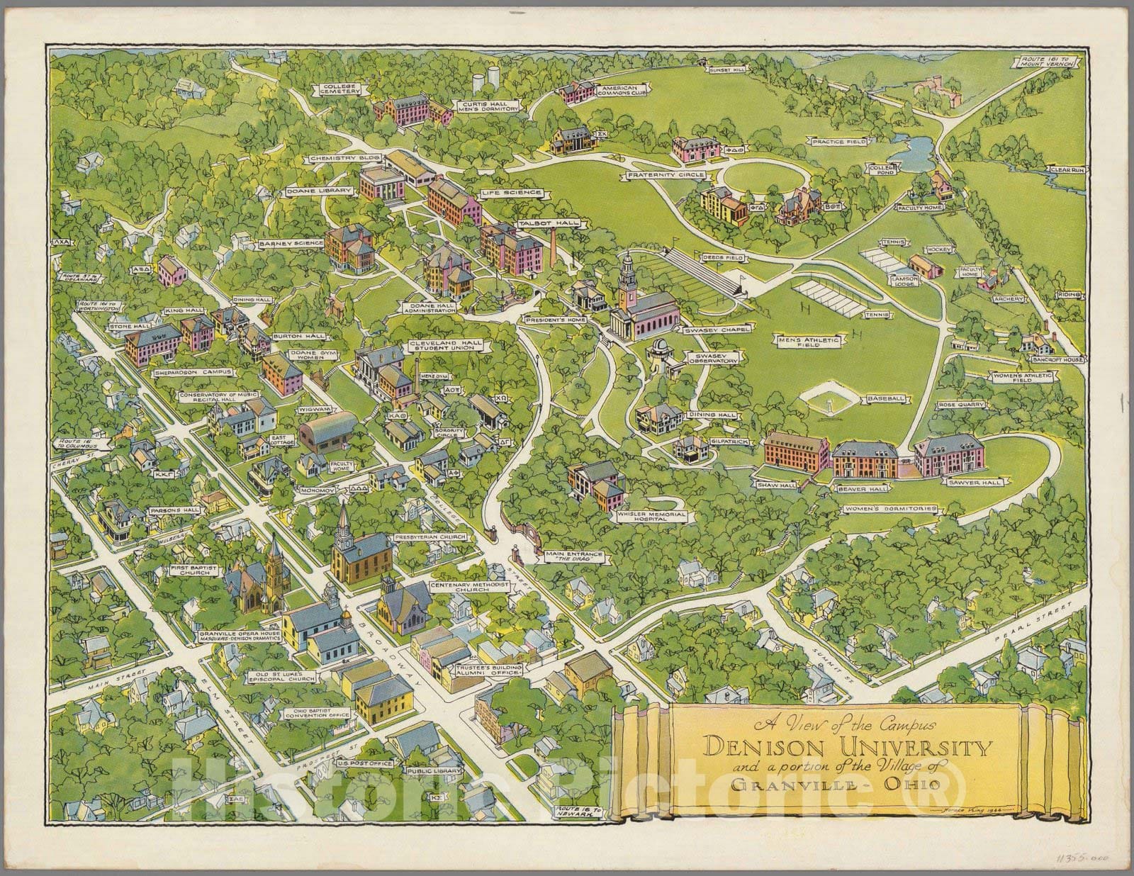 Historic Map - A view of the campus : Denison University and a portion of the village of Granville - Ohio. Horace King 1944, Historic Map - Vintage Wall Art