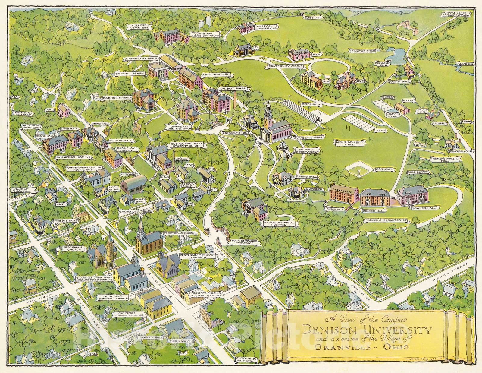 Historic Map - A view of the campus : Denison University and a portion of the village of Granville - Ohio. Horace King 1944, Historic Map - Vintage Wall Art