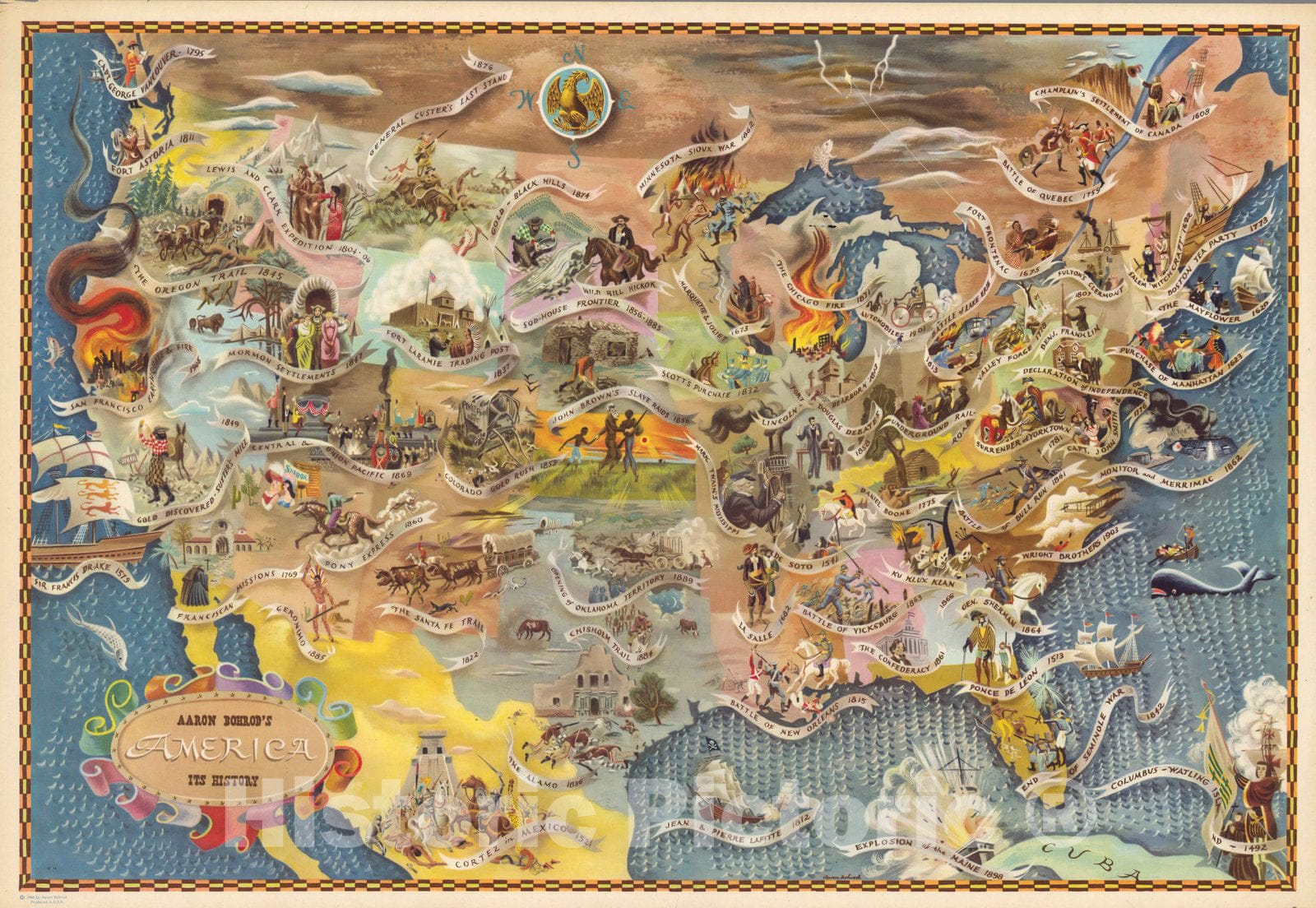 Historic Map : Aaron Bohrod's America, its history. Aaron Bohrod. 1946 by Aaron Bohrod. Printed in U.S.A. - Vintage Wall Art
