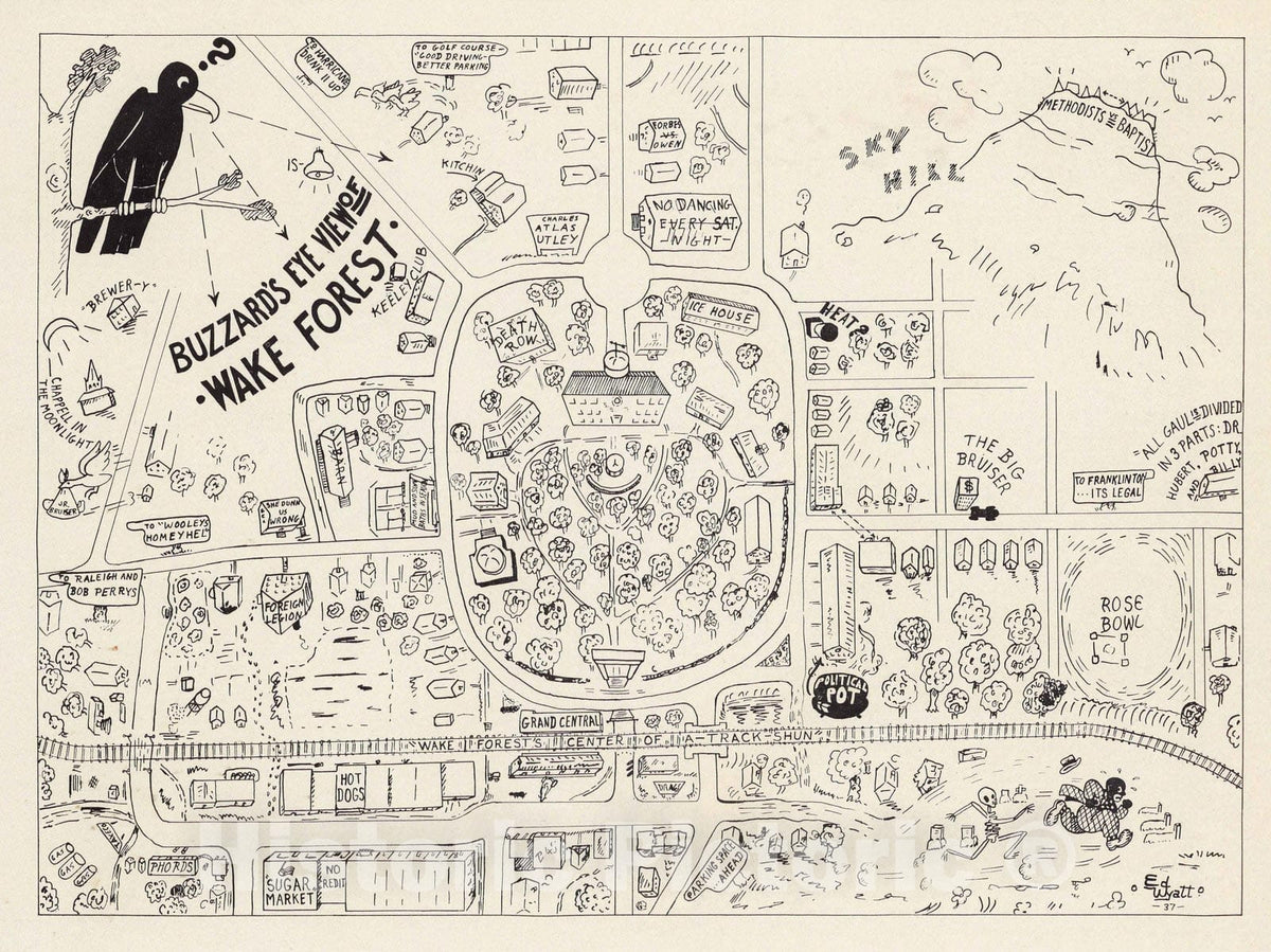 Historic Map : Buzzard's eye view of Wake Forest 1937 - Vintage Wall Art