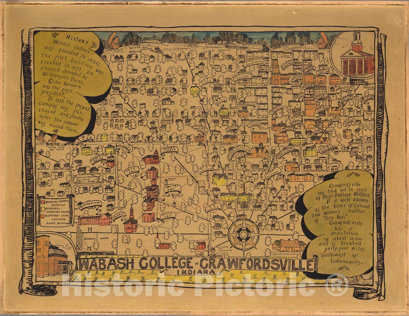 Crawfordsville - Pictorial Map, 1928 - Historical Map Print
