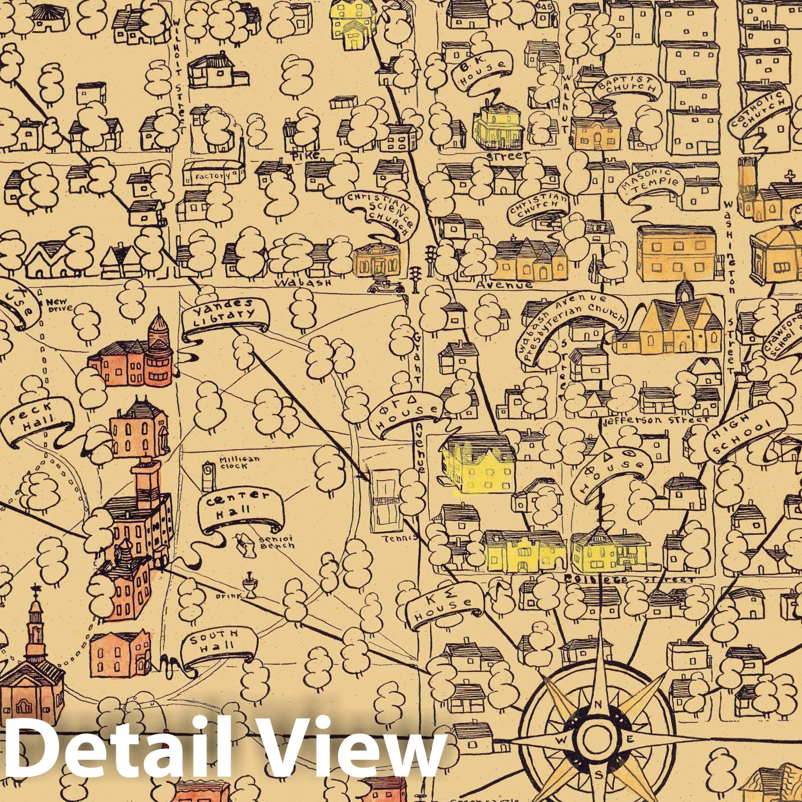 Crawfordsville - Pictorial Map, 1928 - Historical Map Print