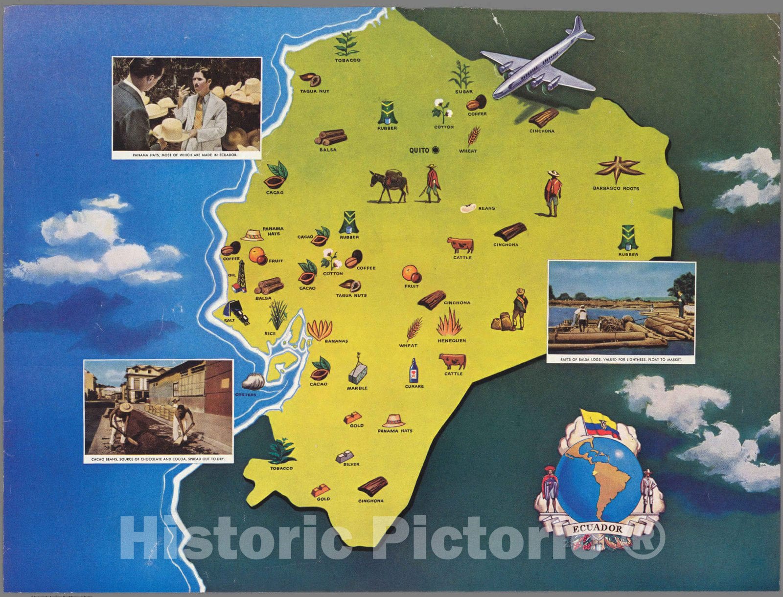 Historic Map : Ecuador. Pan American World Airways. Printed in U.S.A. 1950 - Vintage Wall Art