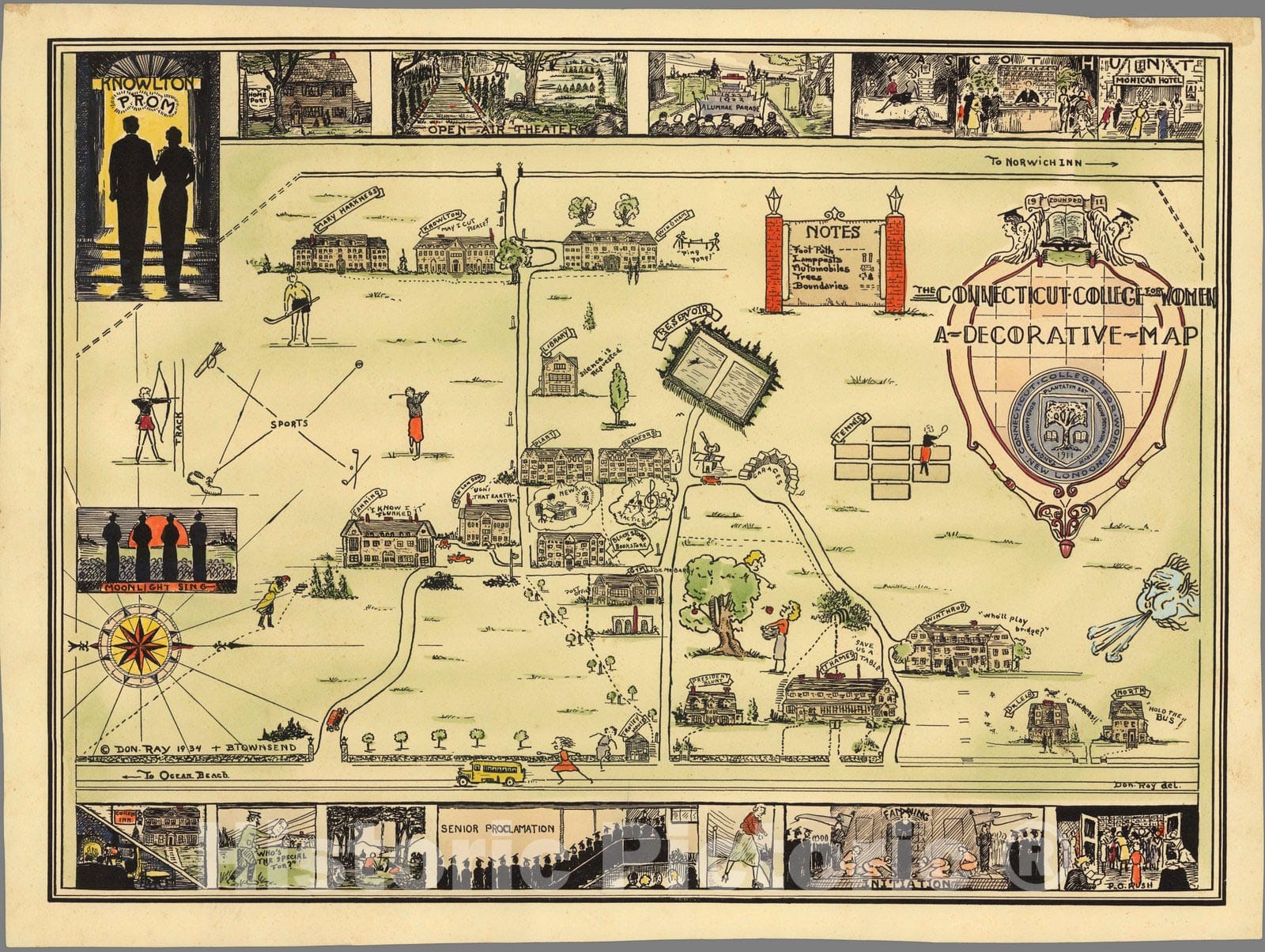 Historic Map : The Connecticut College for Women. A decorative map, 1934 - Vintage Wall Art