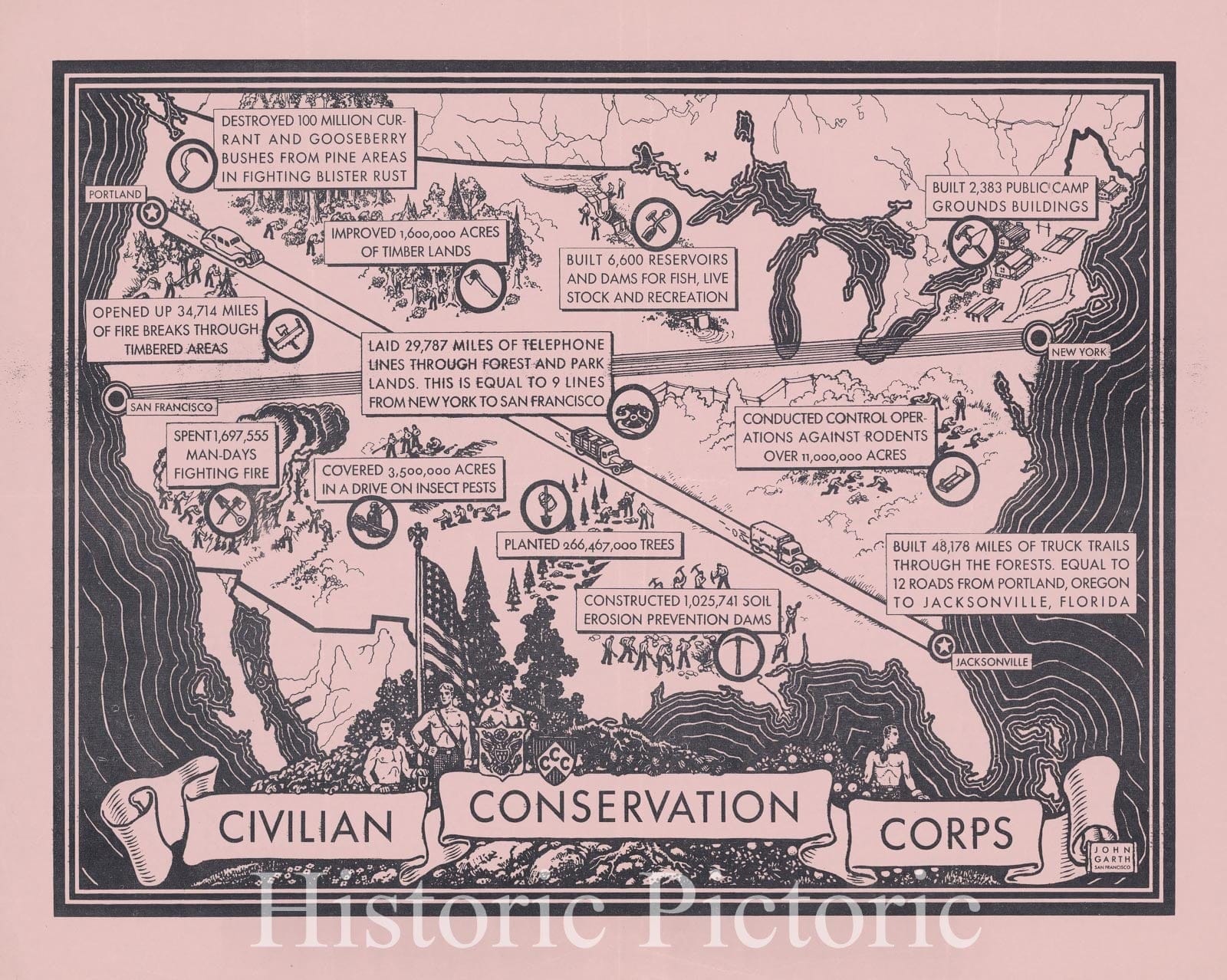 Historic Map : Civilian Conservation Corps. John Garth San Francisco 1935 - Vintage Wall Art