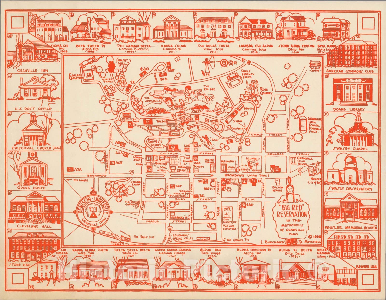 Denison University, Granville, Ohio - Pictorial Map, 1938