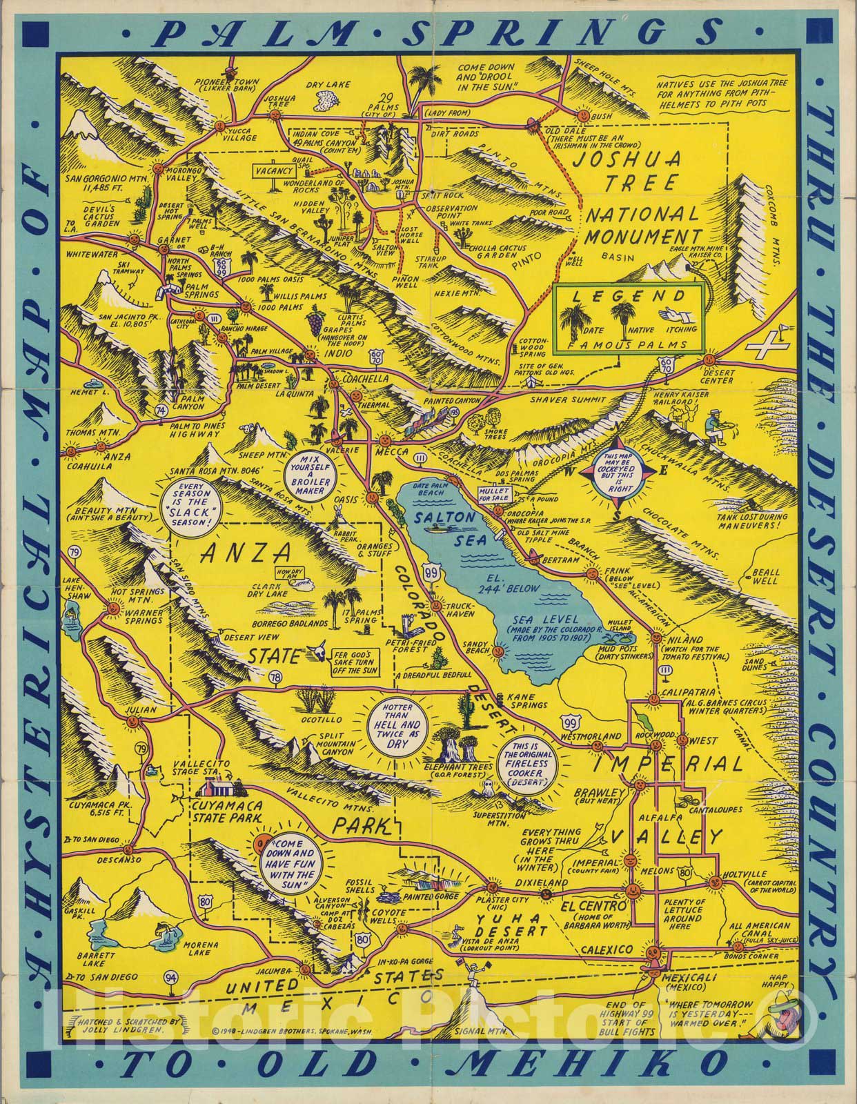 Palm Springs to Mexico - Pictorial Map, 1948 - Historical Map Print