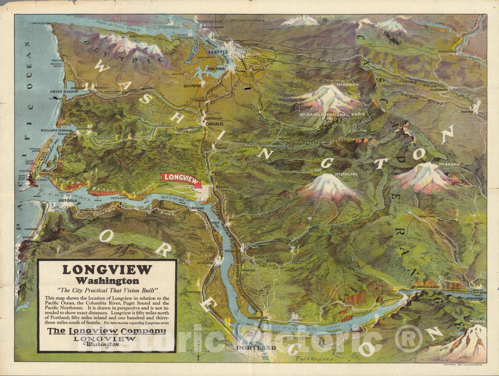 Historic Map : Longview, Washington : the city practical that vision built 1923 - Vintage Wall Art