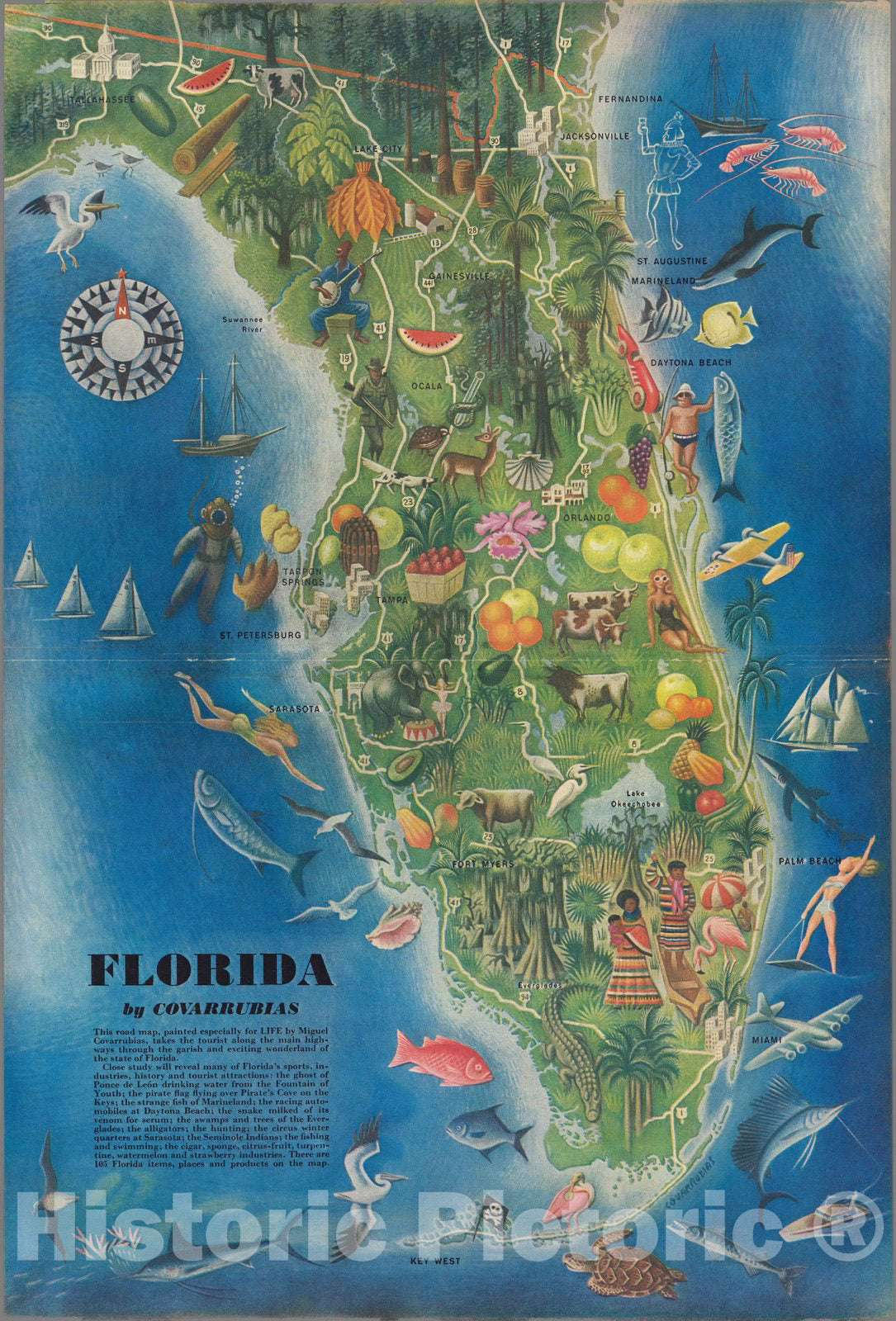 Florida - Pictorial Map, 1946 by Covarrubias - Historical Map Print