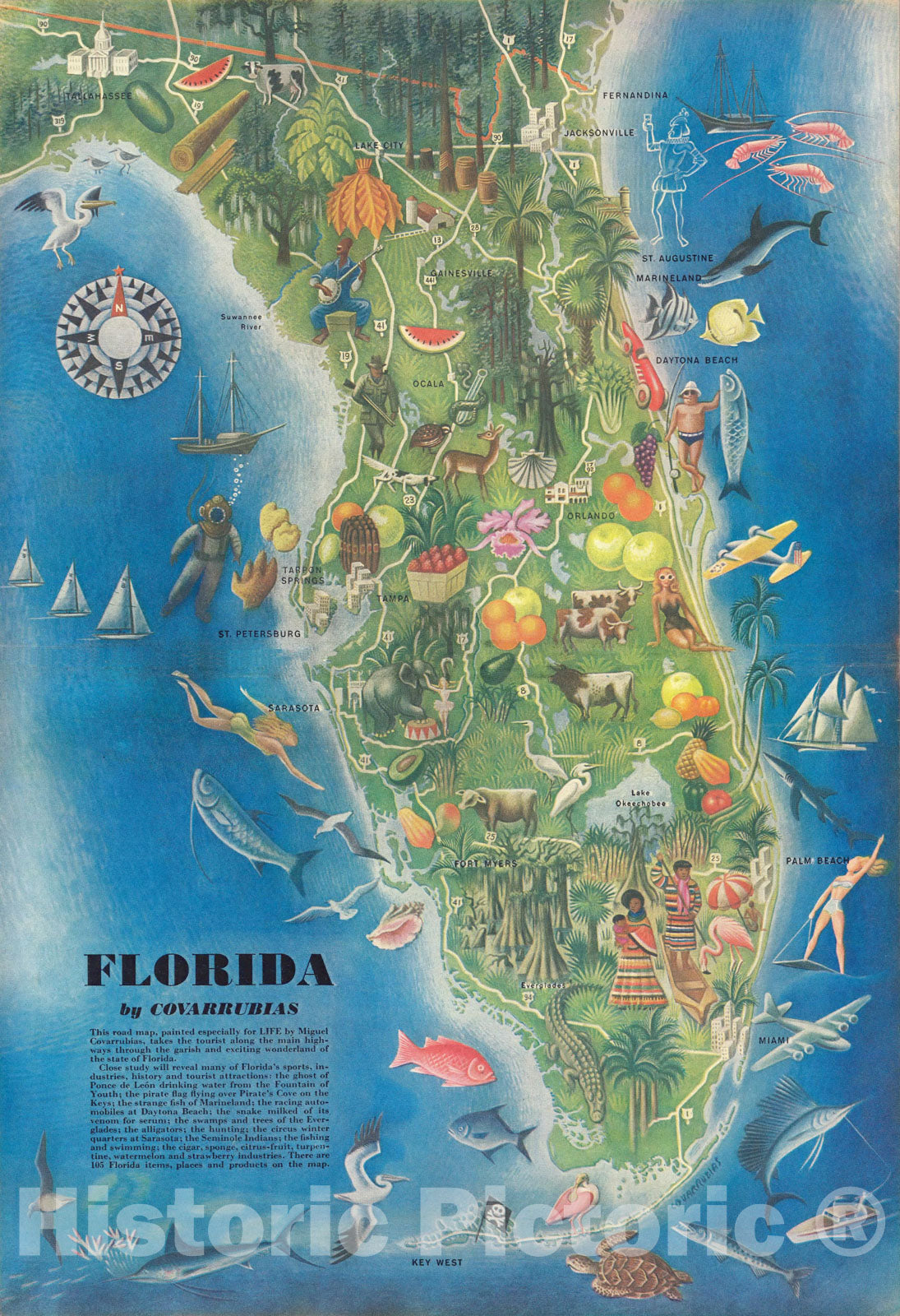 Historic Map - Florida by Covarrubias 1946, Historic Map - Vintage Wall Art