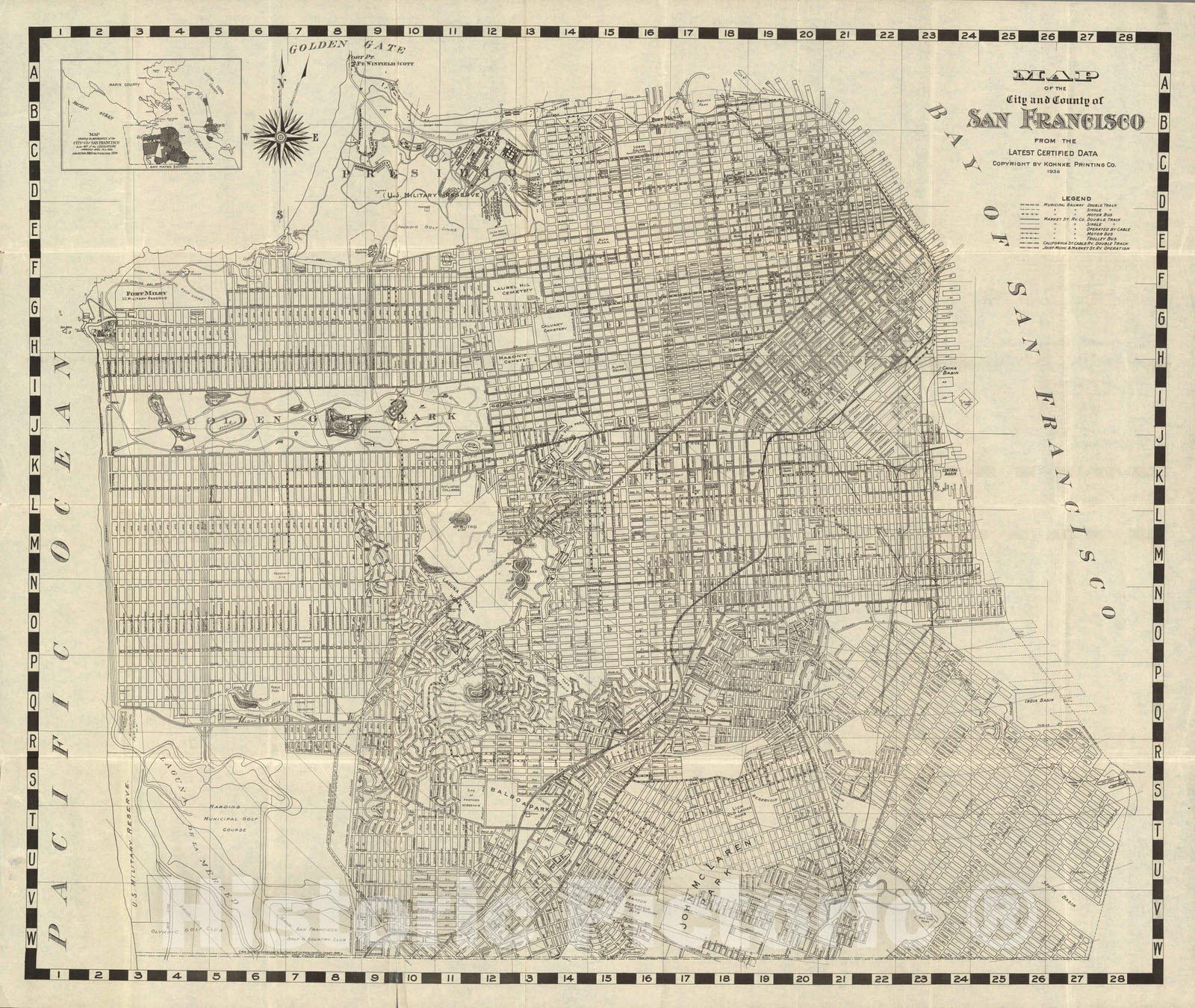 Historic Map : Map of the city and county of San Francisco, 1936 - Vintage Wall Art