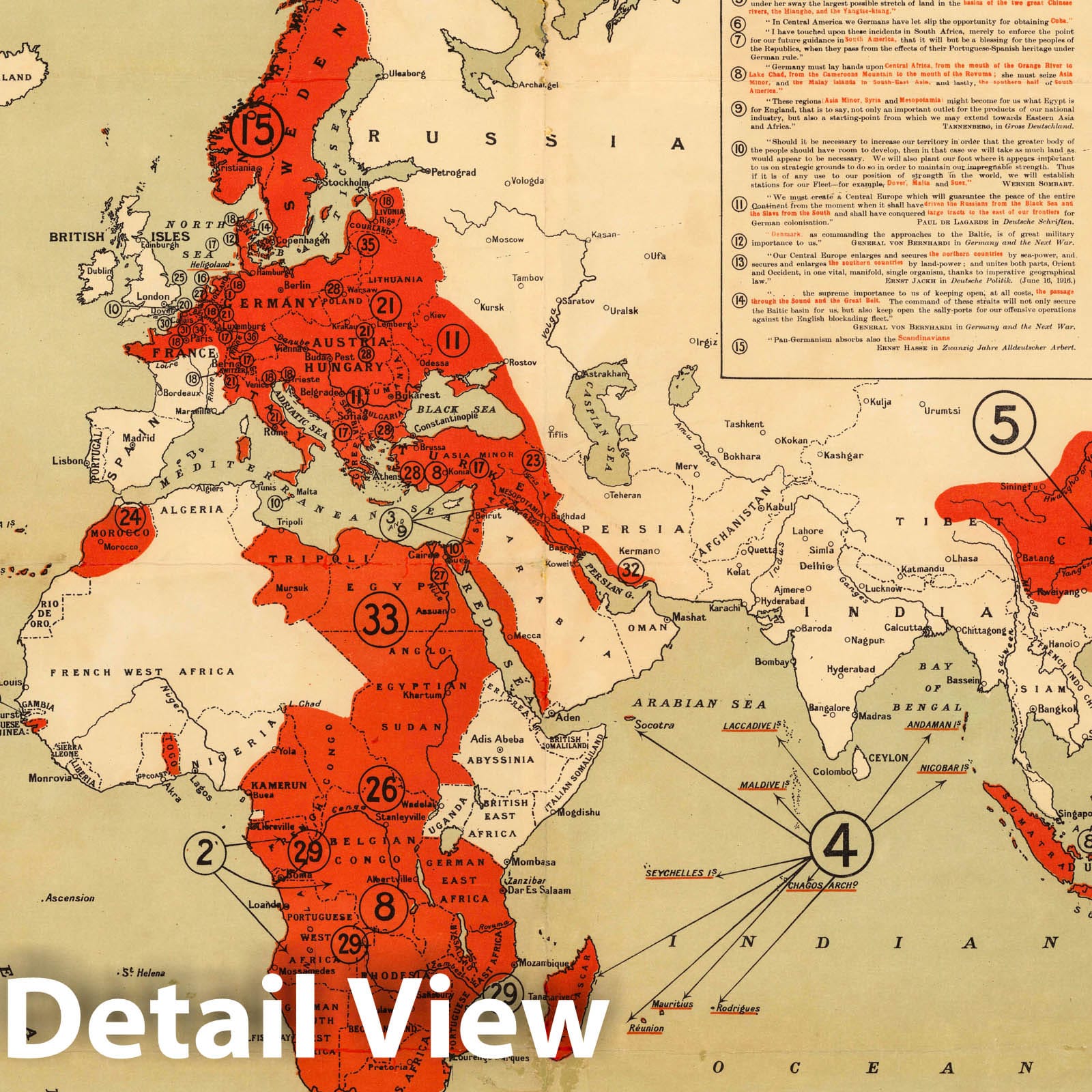 World - Military Map, 1916 - WWI German War Aims Historical Map Print