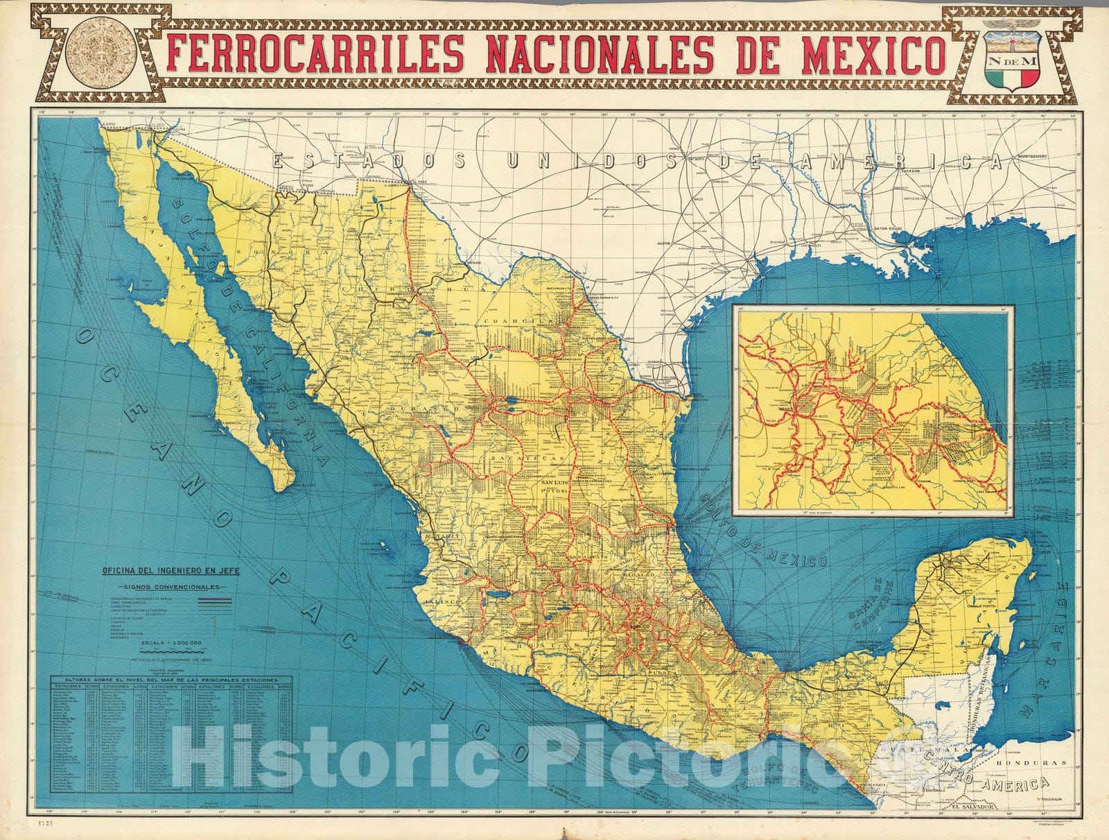 Historic Map : Mexico, Ferrocarriles Nacionales de Mexico 1950, Historic Map , Vintage Wall Art