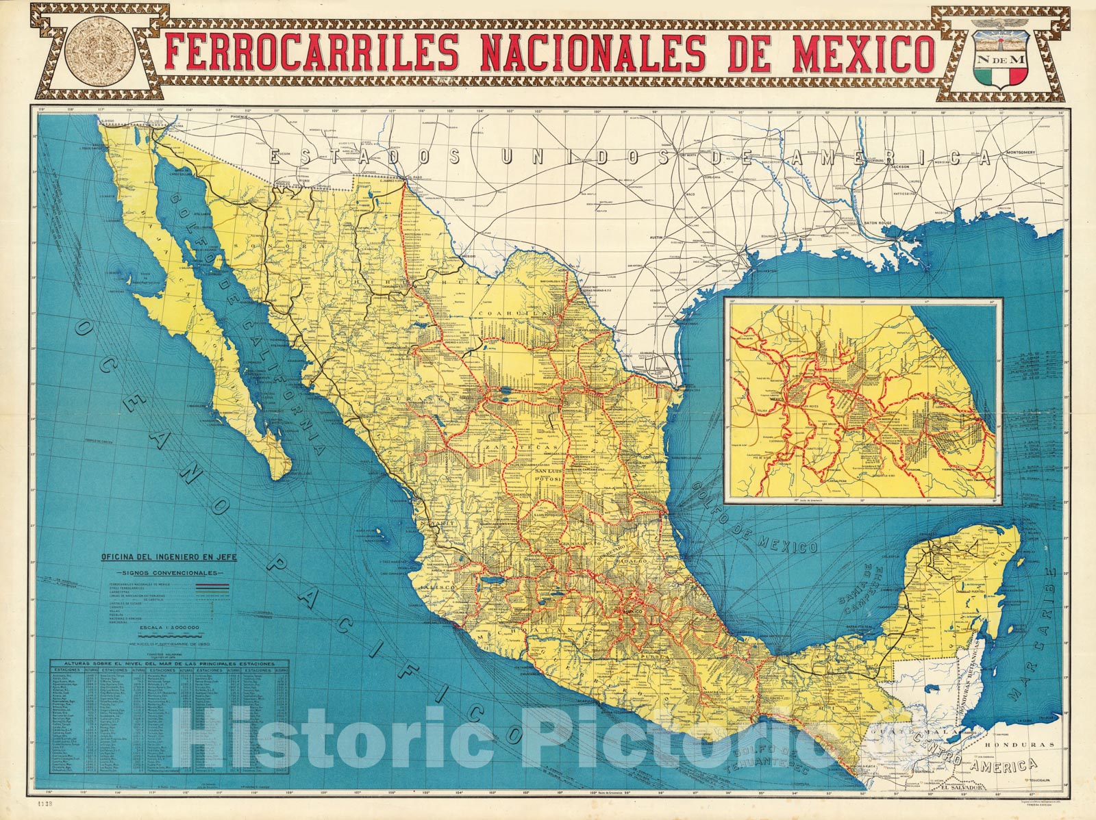 Historic Map : Mexico, Ferrocarriles Nacionales de Mexico 1950, Historic Map , Vintage Wall Art