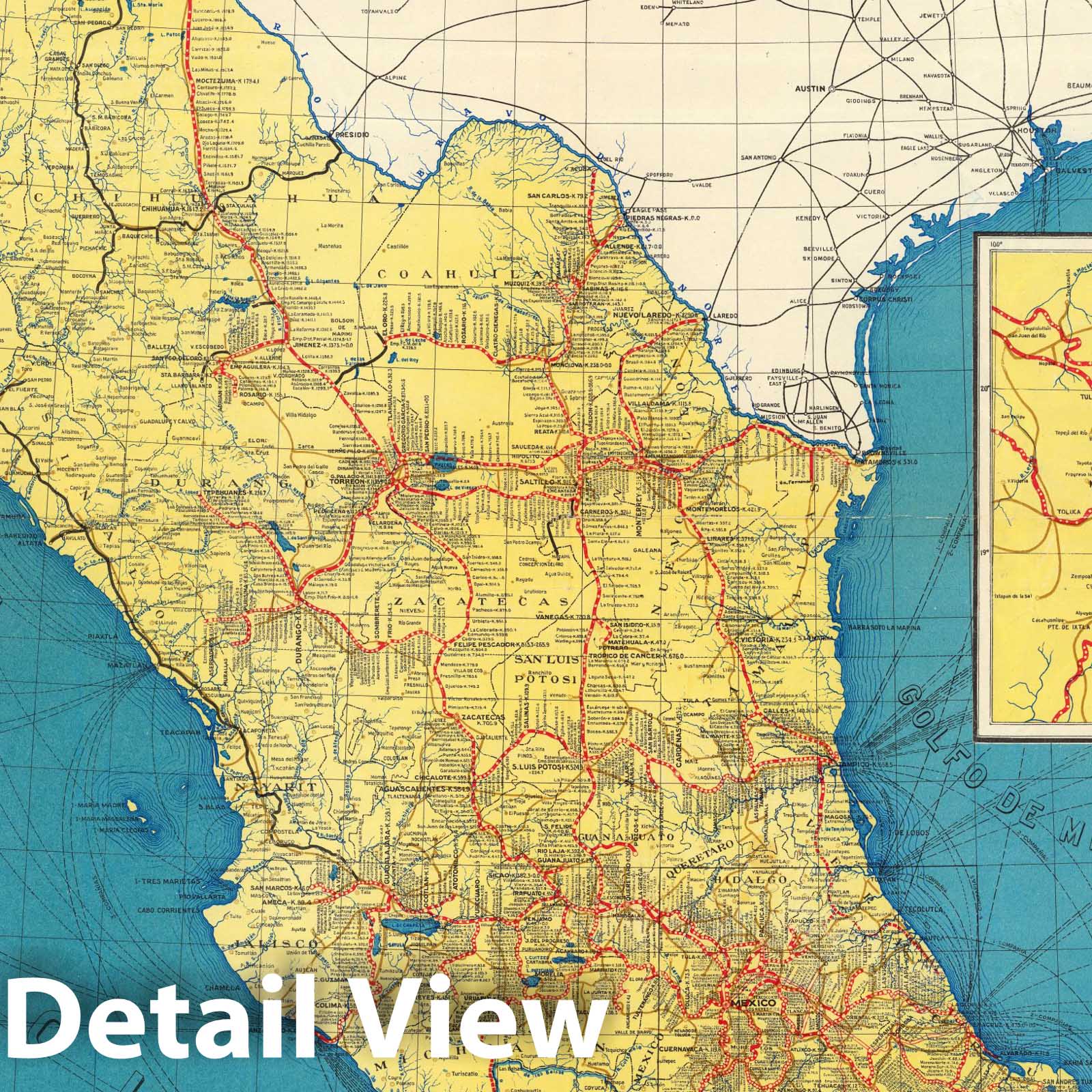 Historic Map : Mexico, Ferrocarriles Nacionales de Mexico 1950, Historic Map , Vintage Wall Art