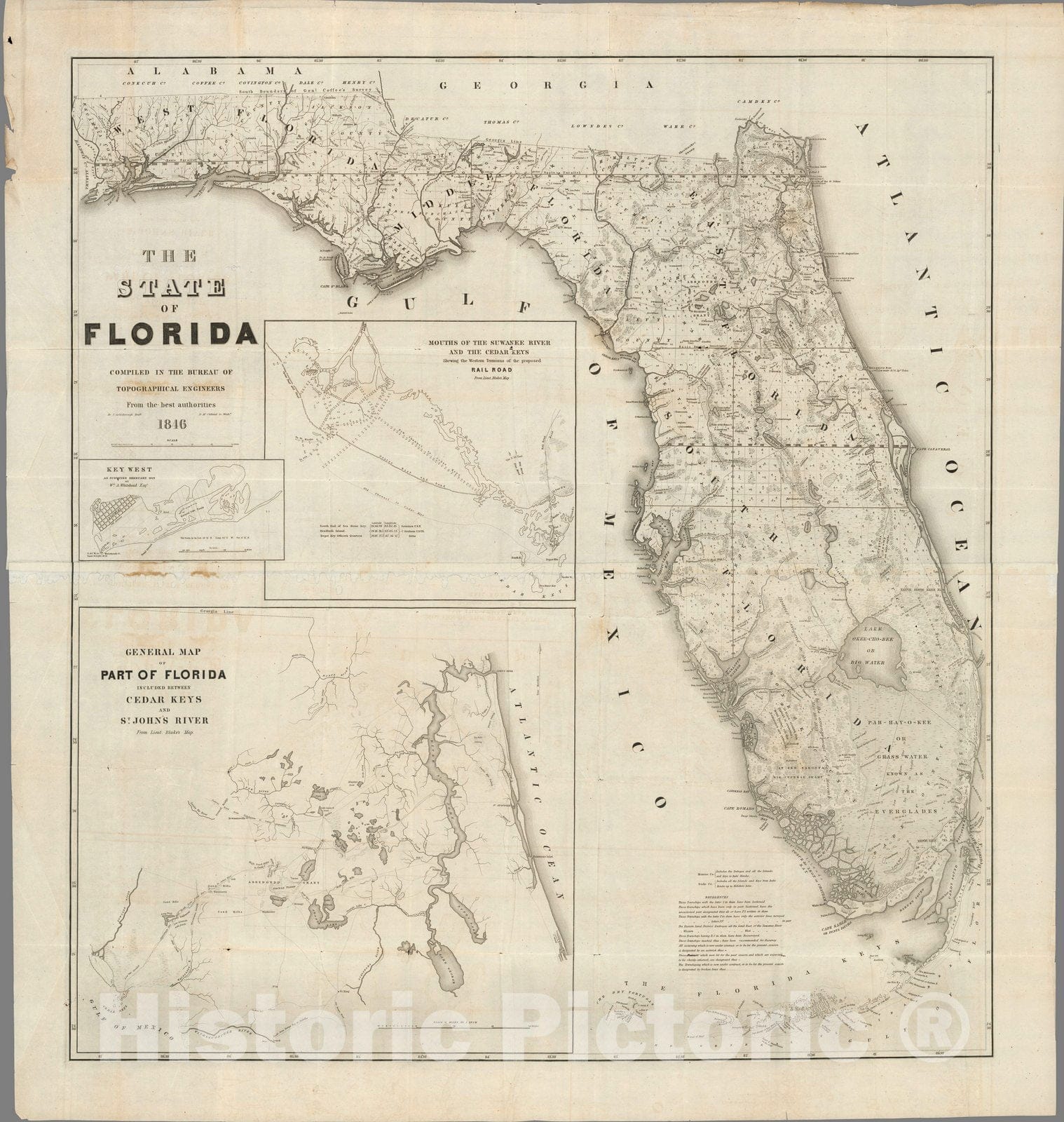 The state of Florida 1846 - Topographic Map Print with Key West and Railroad Insets