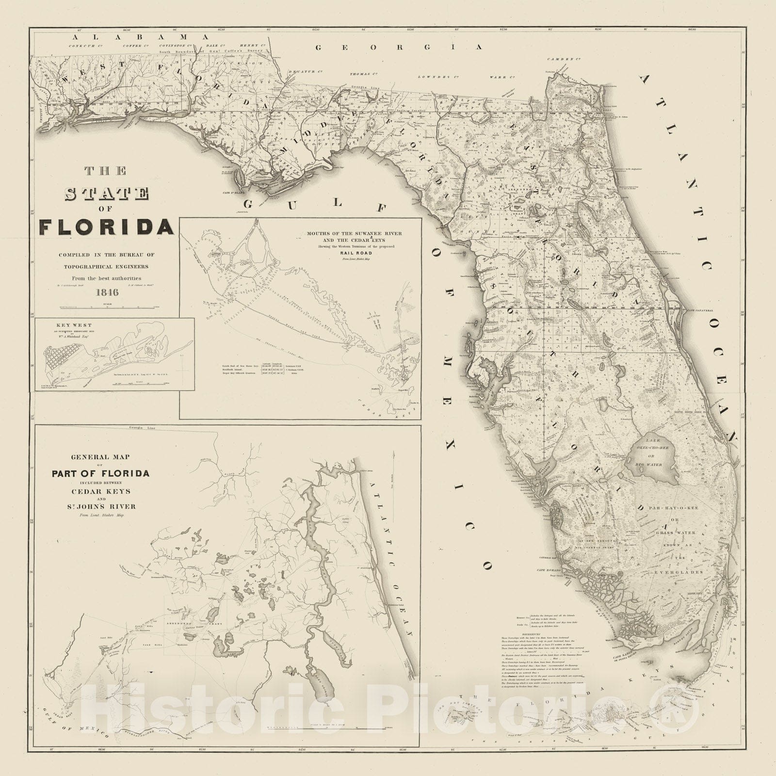 Historic Map - 1846 Map of Florida including detail of Cedar Keys