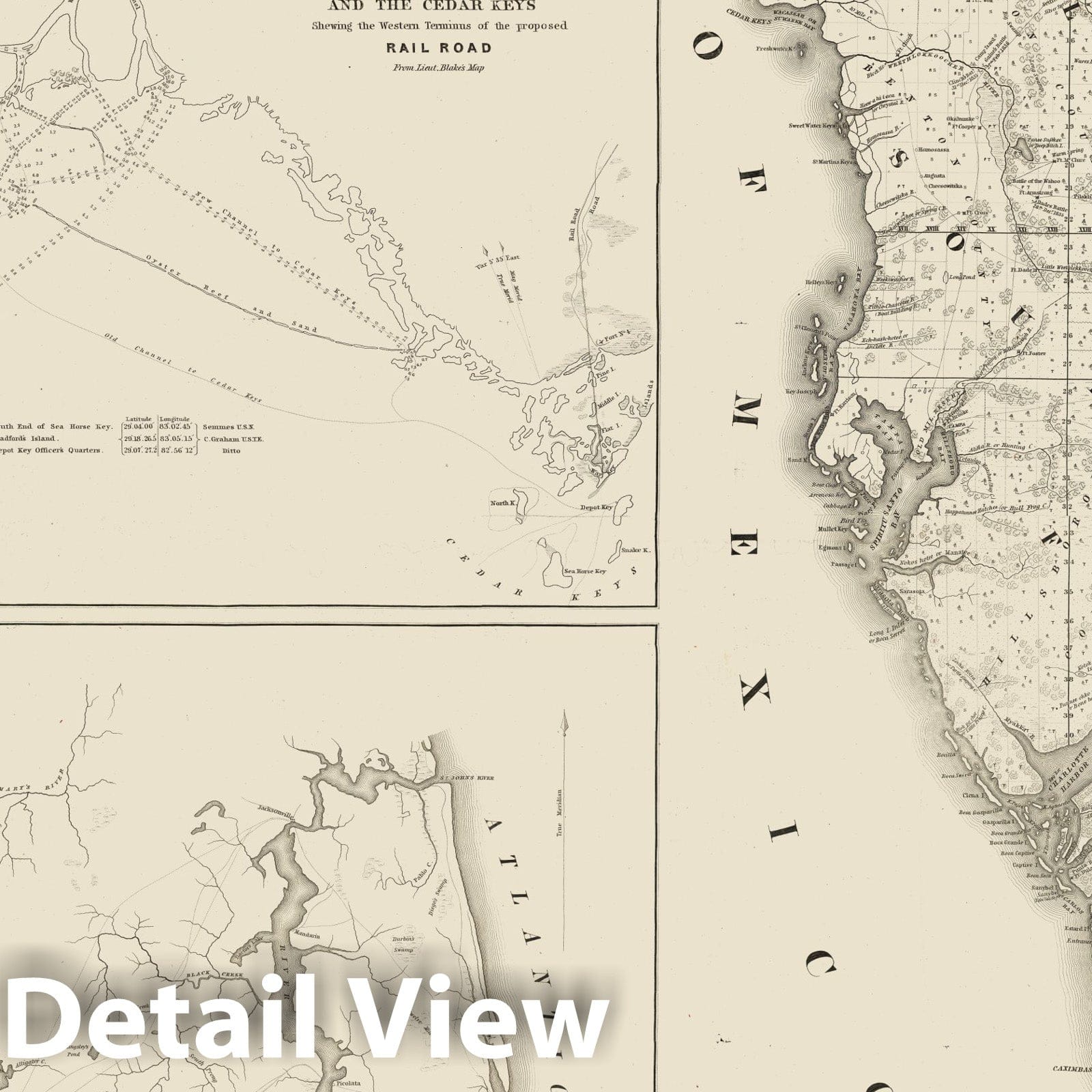 The state of Florida 1846 - Topographic Map Print with Key West and Railroad Insets