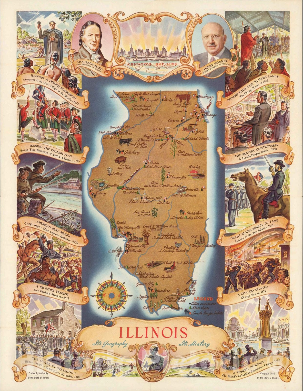 Historic Map : Pocket Map, Illinois, its geography, its history 1938 - Vintage Wall Art