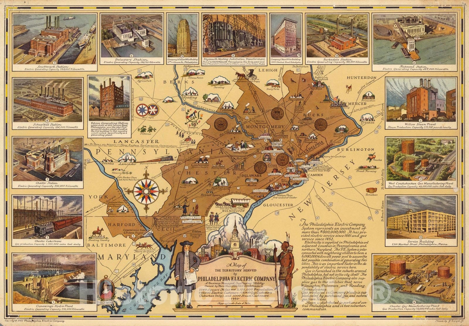 Philadelphia, Pennsylvania - Pictorial Map, 1951