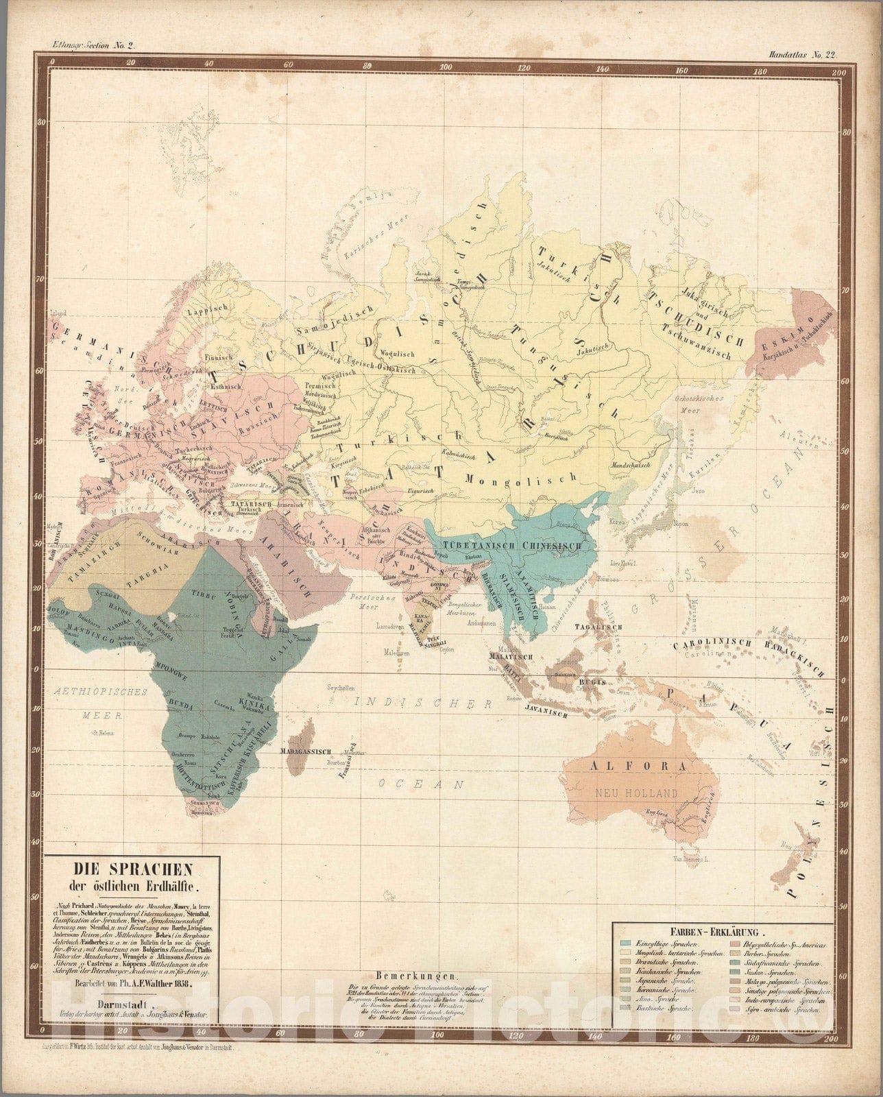 Historic Map : World Atlas Map, No. 22. Die Sprachen der oestlichen Erdhaelfte. 1858 - Vintage Wall Art