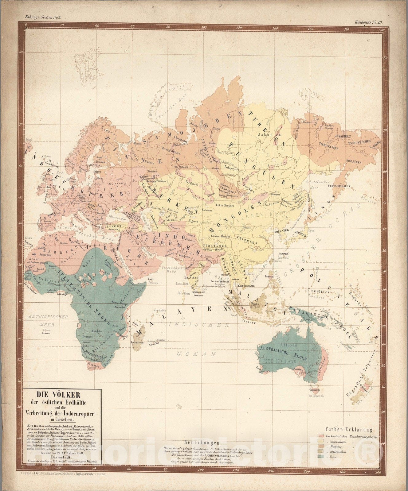 Historic Map : World Atlas Map, No. 23. Die Voelker der oestlichen Erdhaelfte und die Verbreitung der Indoeuropaeer in derselben. 1858 - Vintage Wall Art