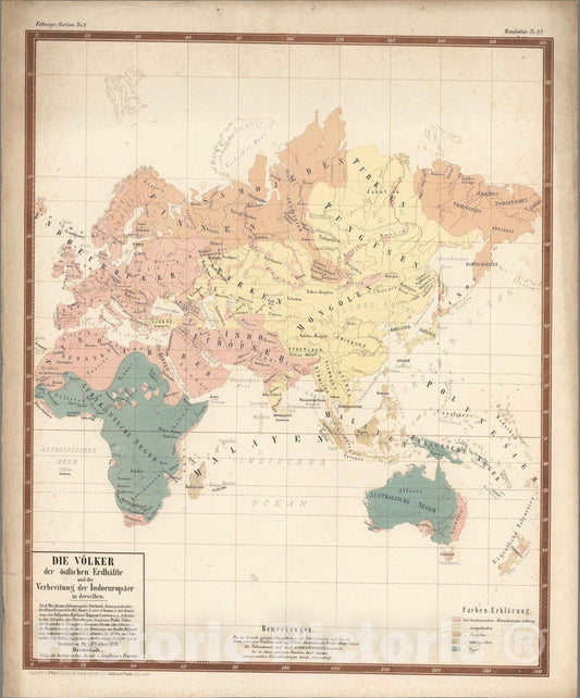 Historic Map : World Atlas Map, No. 23. Die Voelker der oestlichen Erdhaelfte und die Verbreitung der Indoeuropaeer in derselben. 1858 - Vintage Wall Art