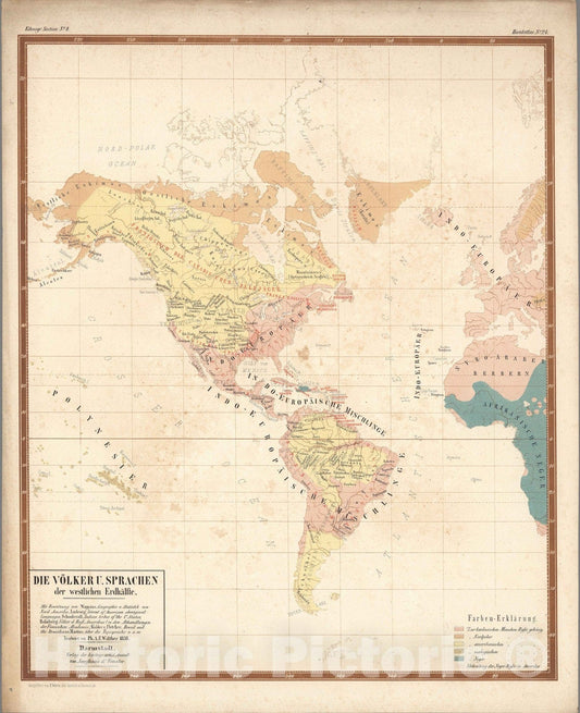 Historic Map : World Atlas Map, No. 24. Die Voelker u. Sprachen der westlichen Erdhaelfte. 1858 - Vintage Wall Art