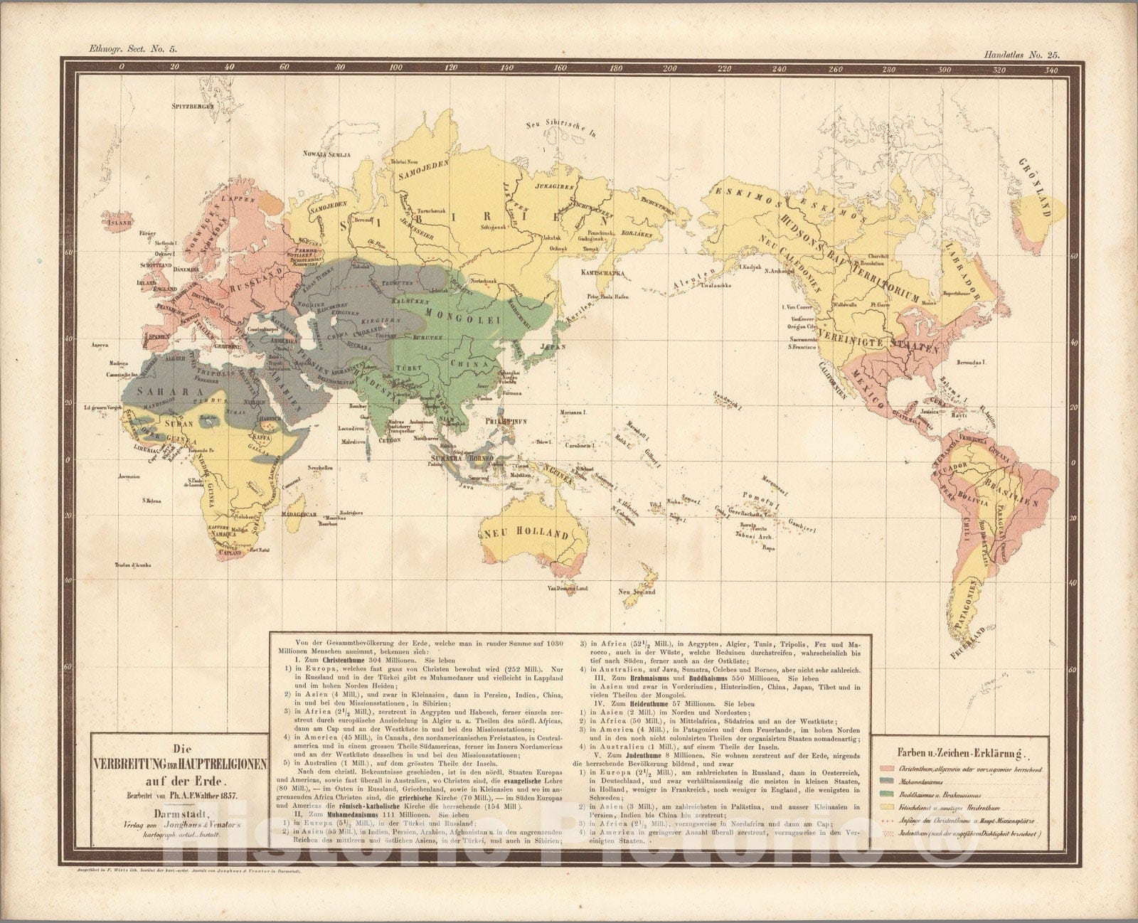 Historic Map : World Atlas Map, No. 25. Die Verbreitung der Hauptreligionen auf der Erde. 1857 - Vintage Wall Art
