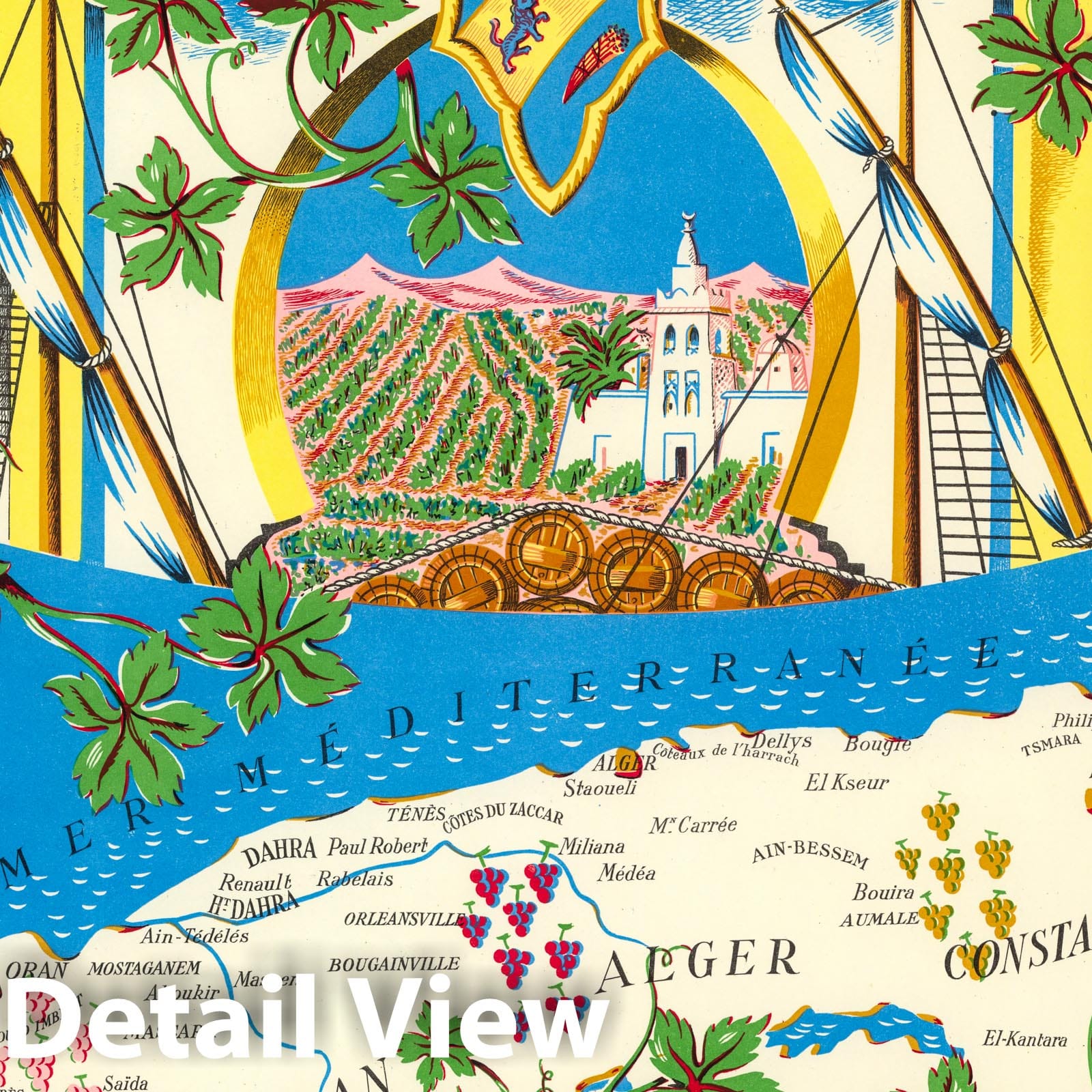 France and Algeria - Pictorial Map, 1950 - Wine Regions Historical Print