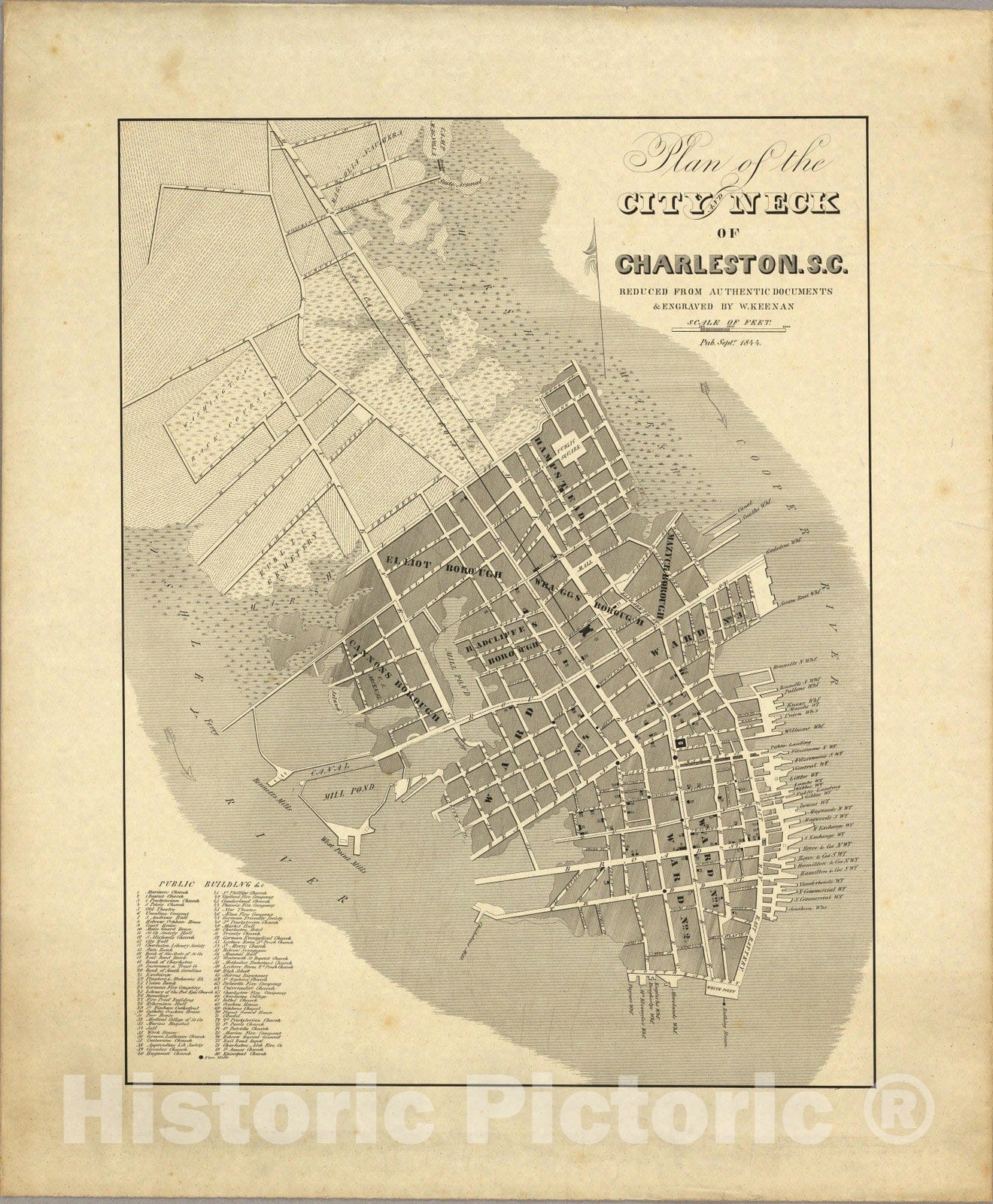 Charleston, South Carolina - Bird's Eye View, 1844 - Historic City Plan Map Print