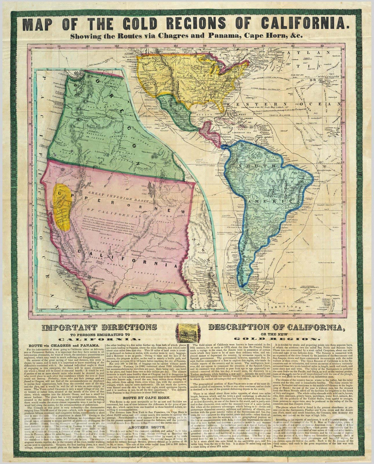 Historic Map : Map of the Gold Regions of California, Showing the Routes via Chagres and Panama, Cape Horn, 1849 - Vintage Wall Art