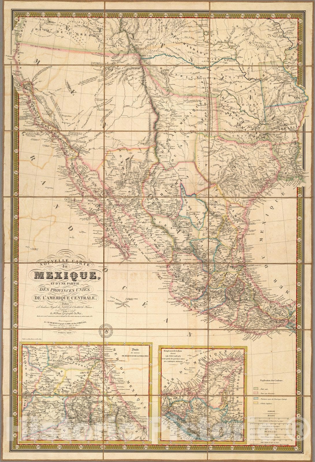 Historic Map : Mexico, Case Map, Nouvelle Carte du Mexique, Et D'Une Partie Des Provinces Unies De L'Amerique Centrale. 1839 , Vintage Wall Art