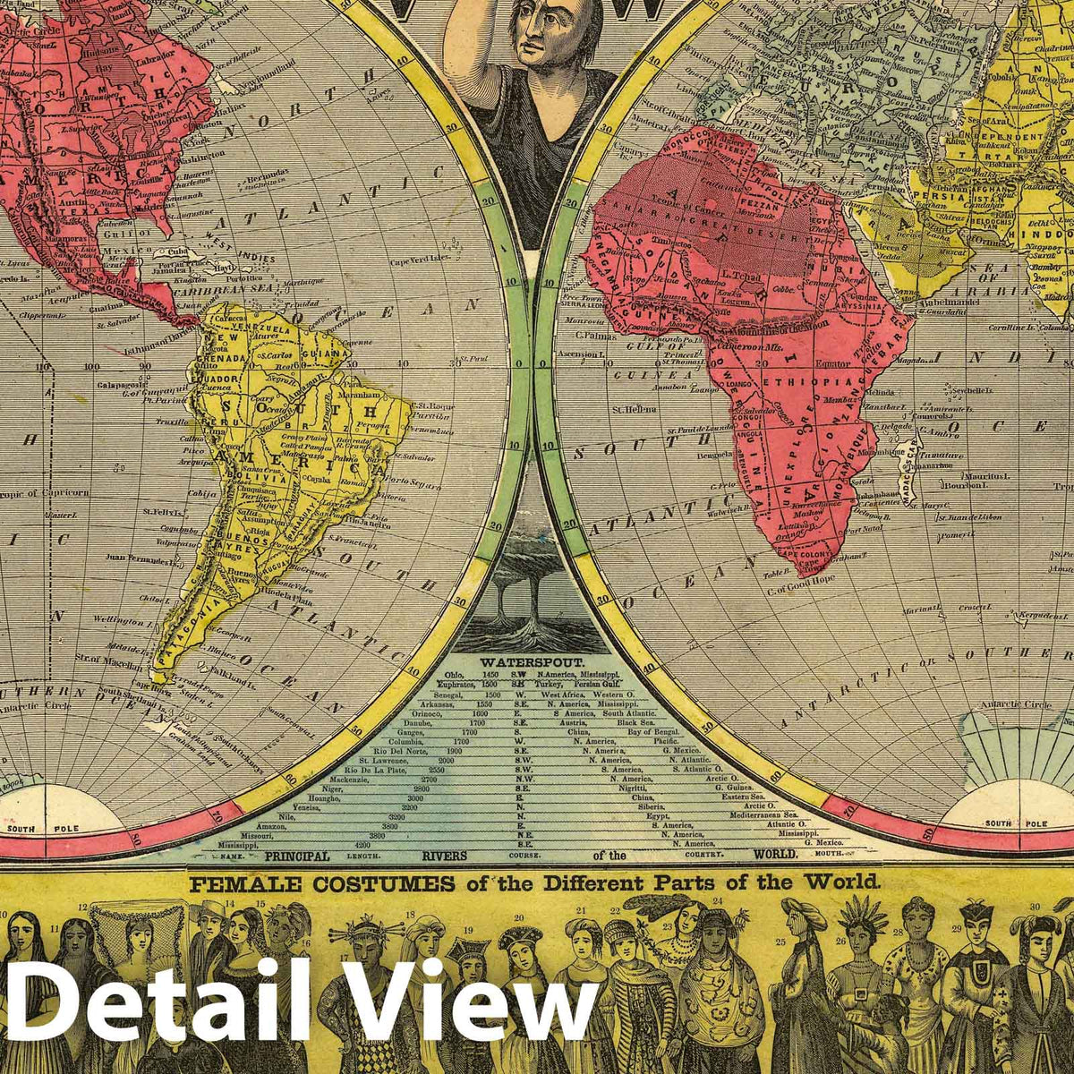 World - Pictorial Map, 1852 - Hand-Colored Engraved Broadside