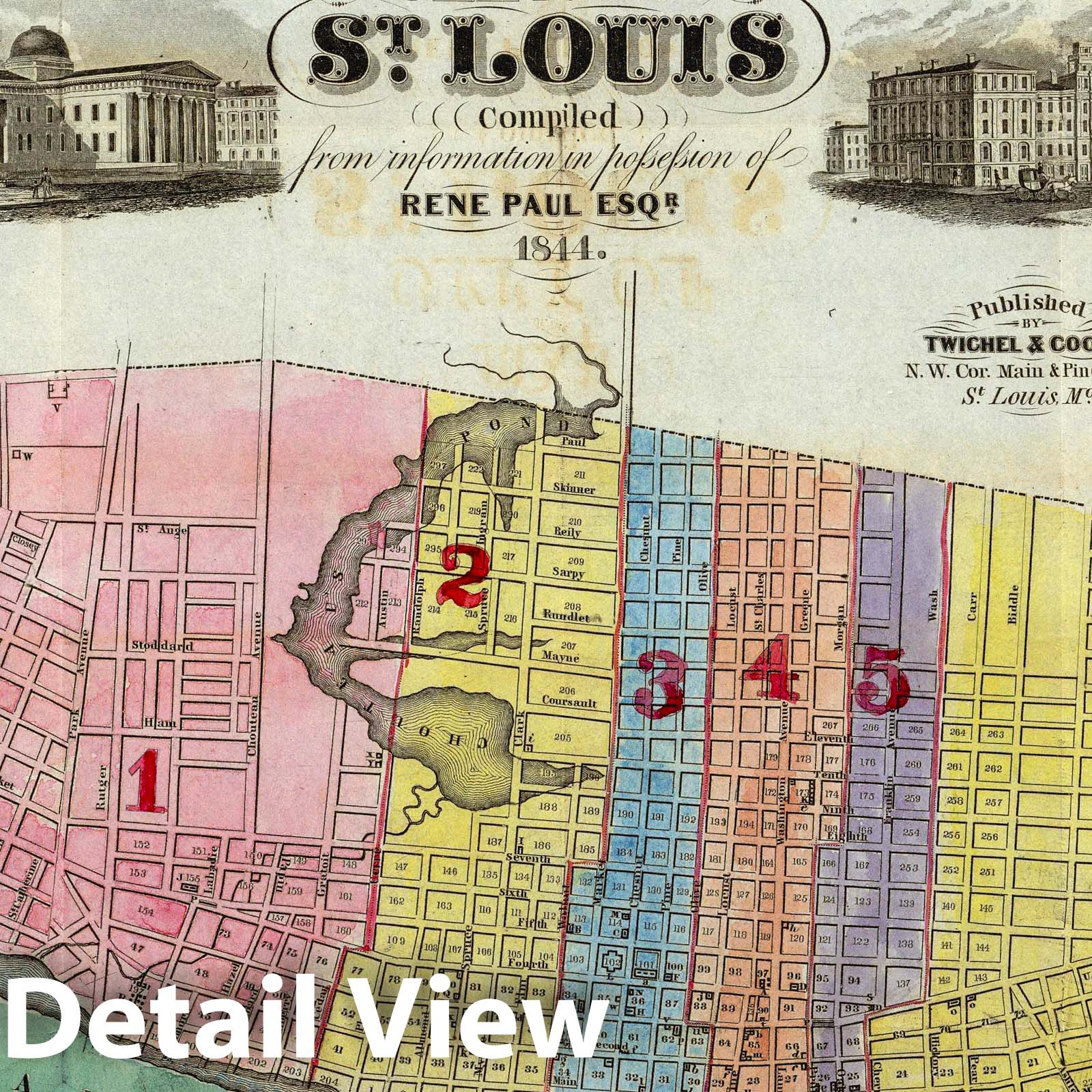 Saint Louis, Missouri - River Map, 1844 - Historical Map Print