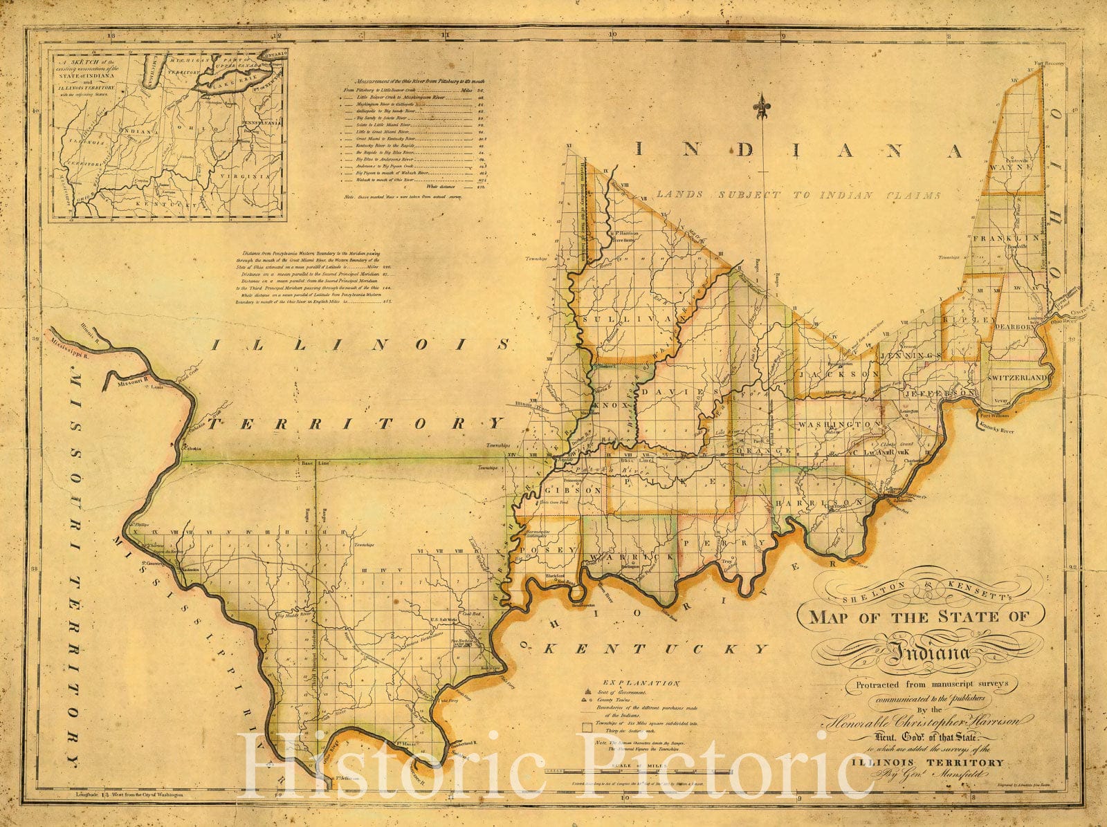 Historic Map : Shelton & Kensett's Map of The State of Indiana, 1817 - Vintage Wall Art