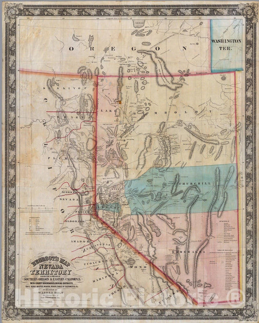 Nevada Territory, Southern Oregon, Eastern California - Railroad Map, 1863