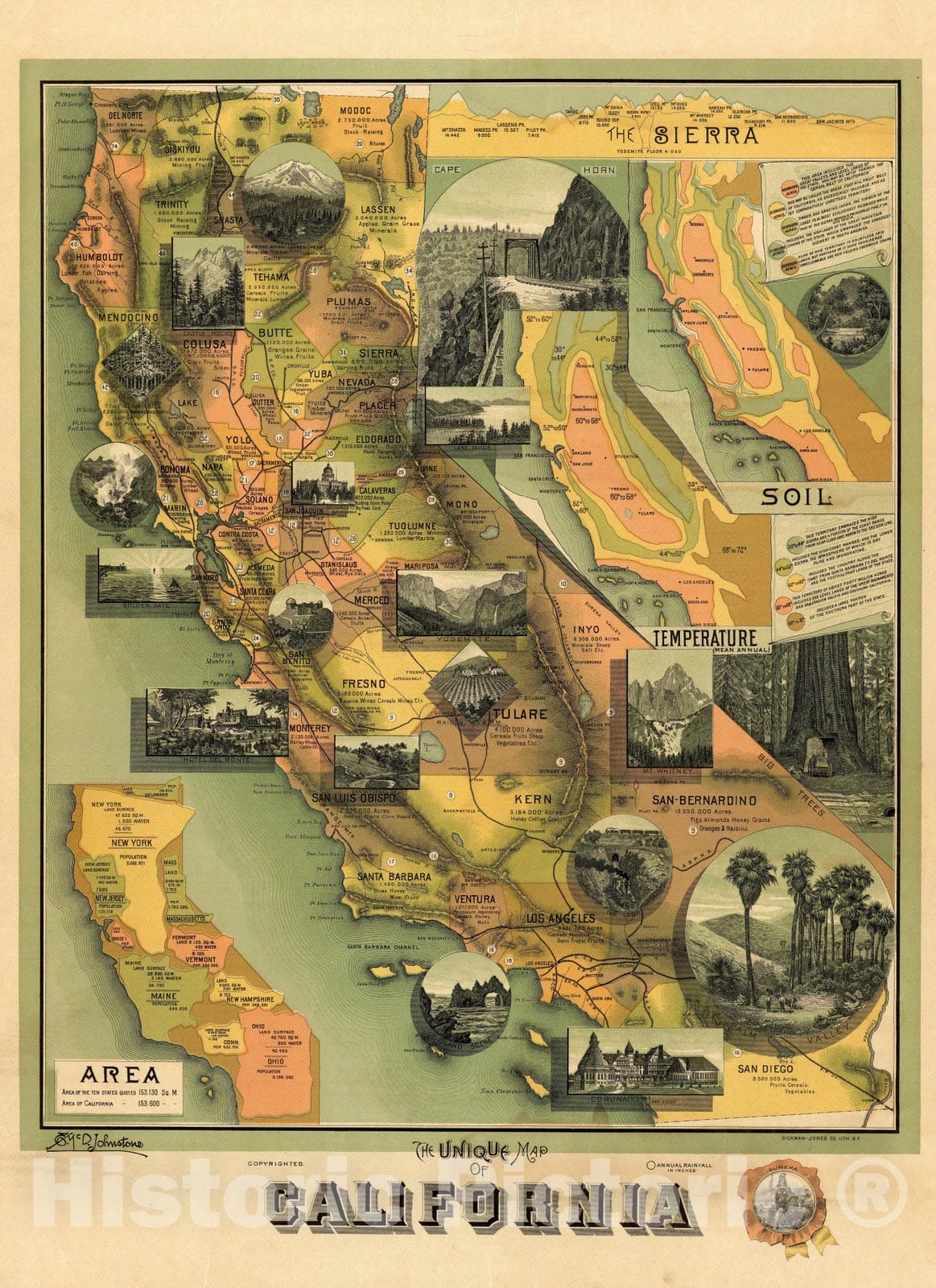 Historic Map : The Unique Map of California, 1885 - Vintage Wall Art